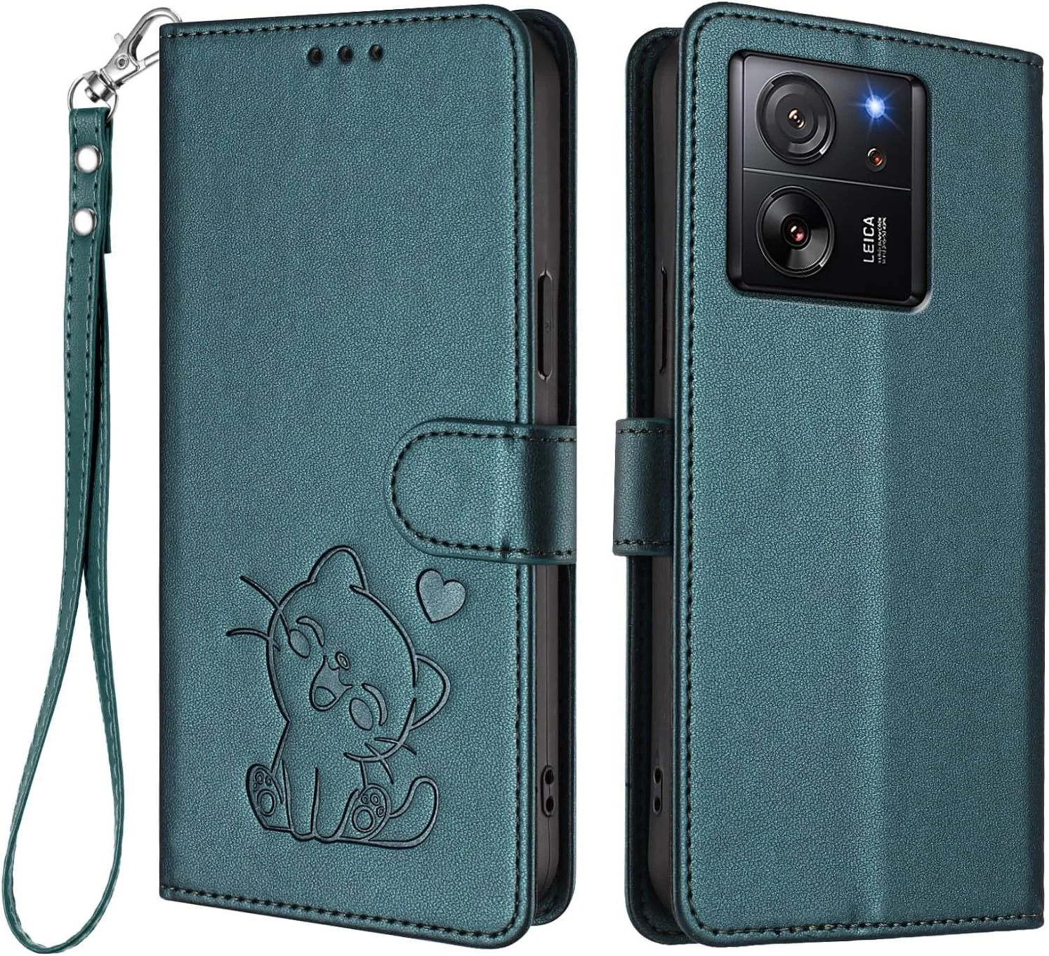 کیف پول موبایل برای شیائومی 13T Pro 5G، کیف آهنربایی با طرح گربه زیبا، روکش چرمی TPU، کیف های ضد ضربه و جای کارت - سبز تیره