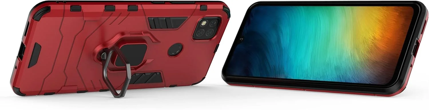 کاور گوشی ZMONE برای شیائومی ردمی 10A به همراه محافظ صفحه نمایش شیشه ای [2 عدد]، کاور محافظ دو لایه مقاوم در برابر ضربه با پایه حلقه ای مغناطیسی - قرمز