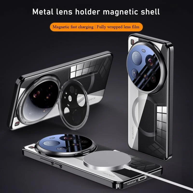 کاور محافظ مغناطیسی شفاف Gruattreay سازگار با گوشی شیائومی Mi 15 Ultra، دارای محافظ لنز فلزی و قابلیت شارژ بی‌سیم، ضد ضربه و ضد سقوط (مشکی)