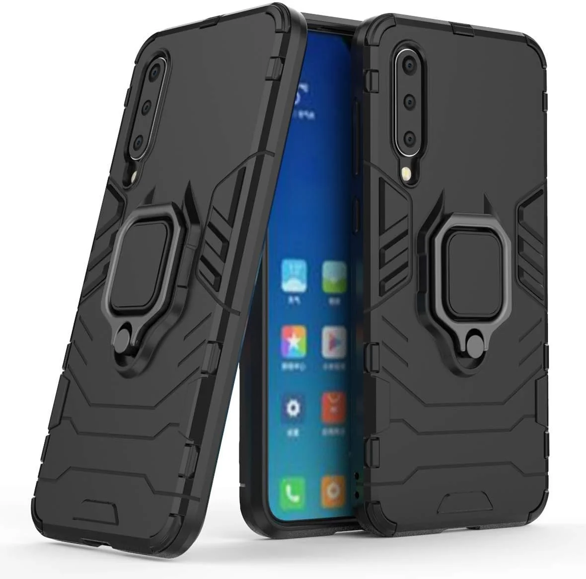 قاب محافظ گوشی شیائومی Mi 9 SE، حلقه فلزی، استند، ضد ضربه، لایه سخت، سازگار با پایه مغناطیسی خودرو، دو لایه، مقاوم - مشکی