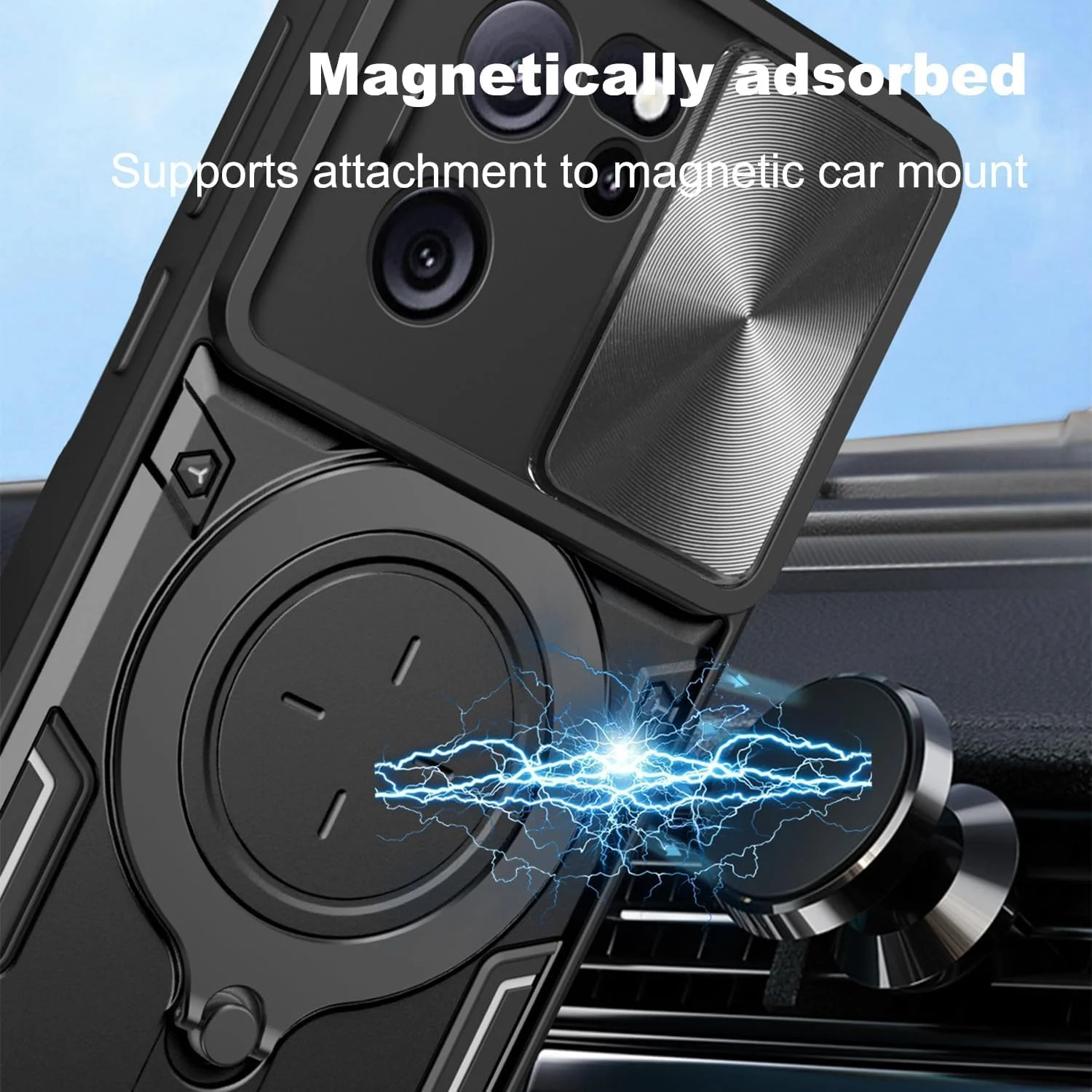 قاب گوشی شیائومی Mi 13T / 13T Pro، محافظ صفحه نمایش ضد ضربه [2 عدد]، محافظت در برابر سقوط، حلقه مغناطیسی فلزی Mi 13T (مشکی، 13T بدون محافظ صفحه)