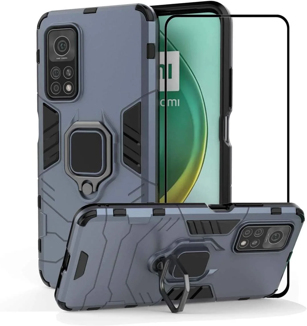 قاب محافظ برای شیائومی می 10T 5G / می 10T پرو 5G به همراه محافظ صفحه نمایش شیشه ای حرارت دیده، محافظت سنگین و مقاوم در برابر ضربه، دارای پایه تکیه گاه، پوشش زرهی، سرمه ای