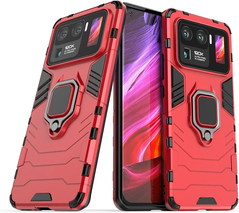 قاب محافظ گوشی شیائومی می 11 اولترا، با حلقه فلزی و استند، دولایه و مقاوم (قرمز)