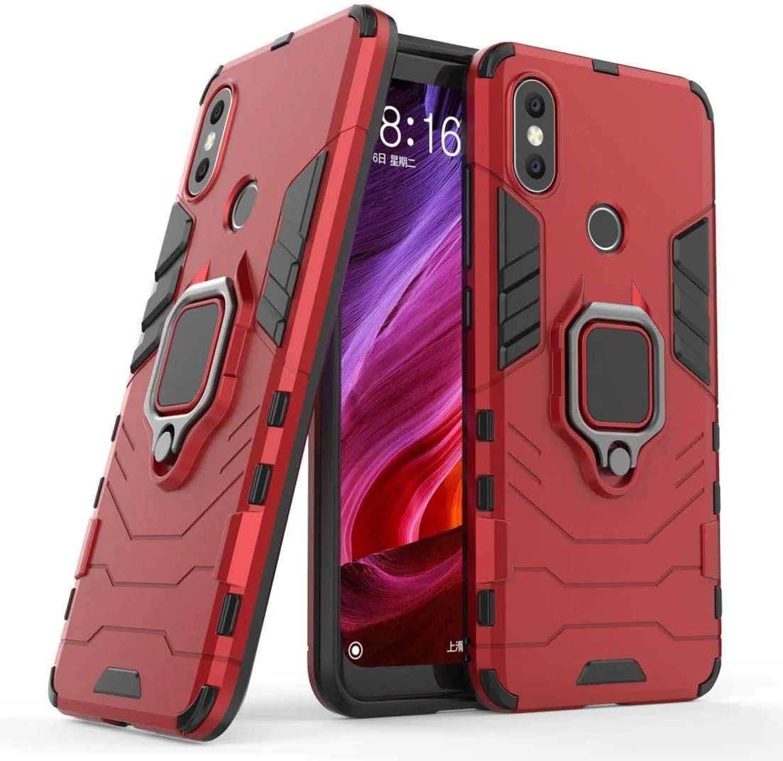 قاب محافظ گوشی موبایل شیائومی Mi A2 و Mi 6X، با حلقه فلزی، مقاوم در برابر ضربه، دارای سپر سخت (سازگار با هولدر مغناطیسی خودرو)، دو لایه، پوشش مقاوم - قرمز