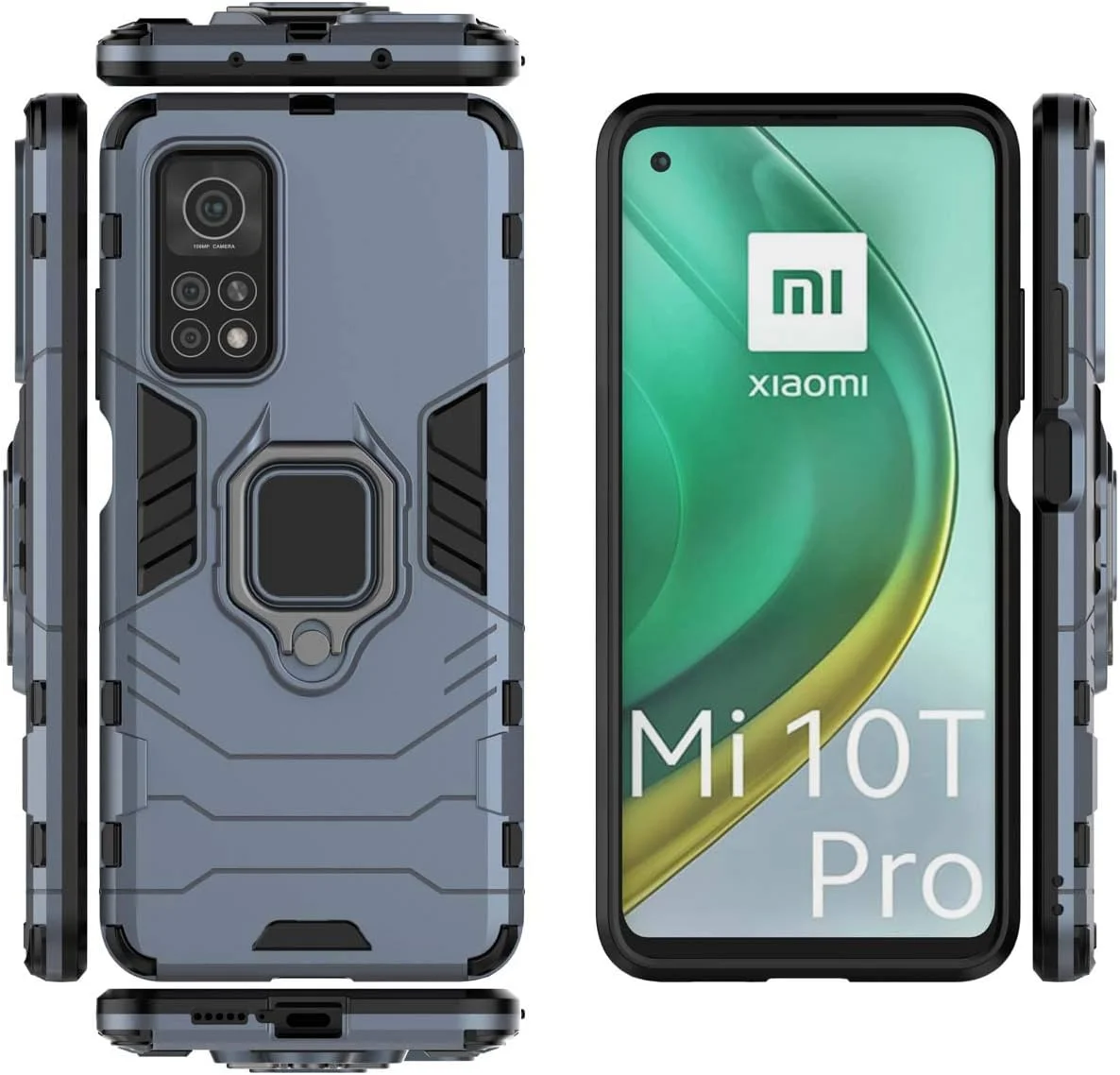 قاب محافظ برای شیائومی می 10T 5G / می 10T پرو 5G به همراه محافظ صفحه نمایش شیشه ای حرارت دیده، محافظت سنگین و مقاوم در برابر ضربه، دارای پایه تکیه گاه، پوشش زرهی، سرمه ای