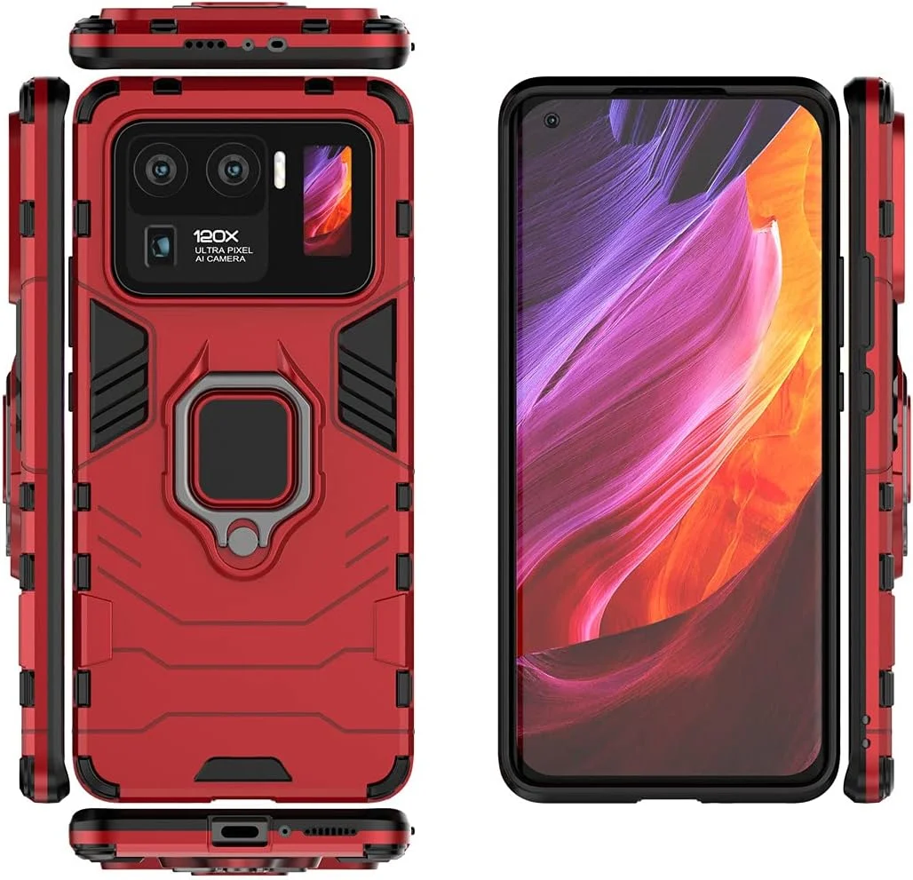 قاب محافظ گوشی شیائومی می 11 اولترا، با حلقه فلزی و استند، دولایه و مقاوم (قرمز)