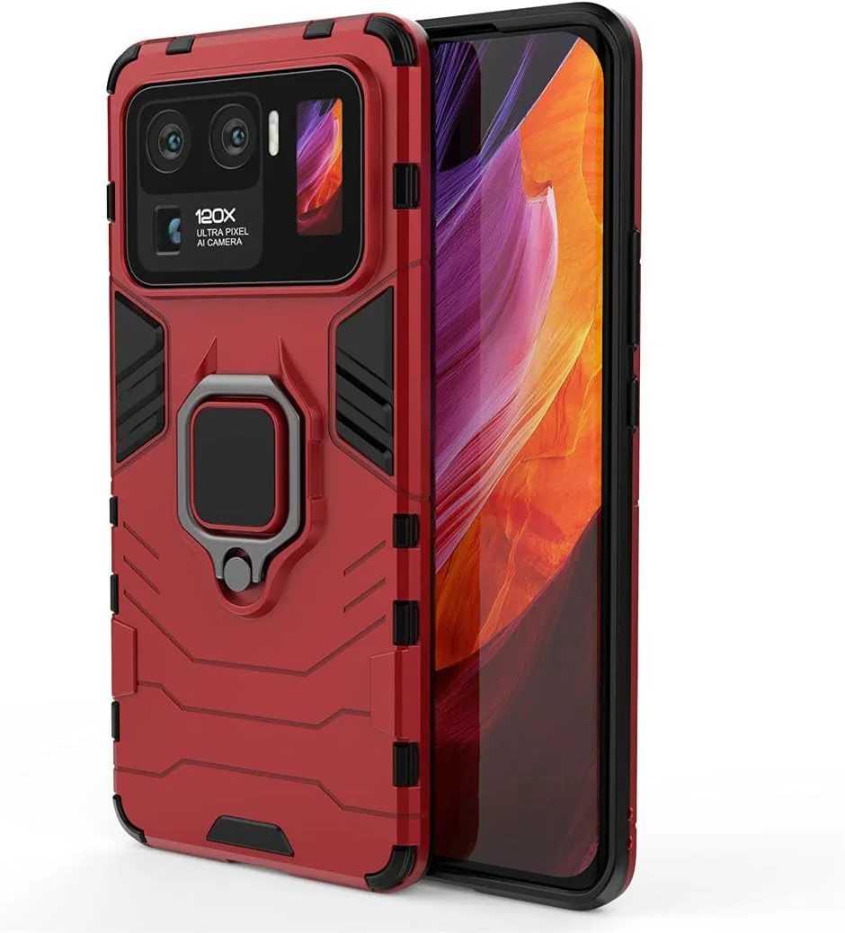 قاب محافظ گوشی شیائومی می 11 اولترا، با حلقه فلزی و استند، دولایه و مقاوم (قرمز)