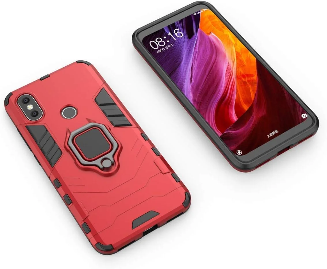 قاب محافظ گوشی موبایل شیائومی Mi A2 و Mi 6X، با حلقه فلزی، مقاوم در برابر ضربه، دارای سپر سخت (سازگار با هولدر مغناطیسی خودرو)، دو لایه، پوشش مقاوم - قرمز