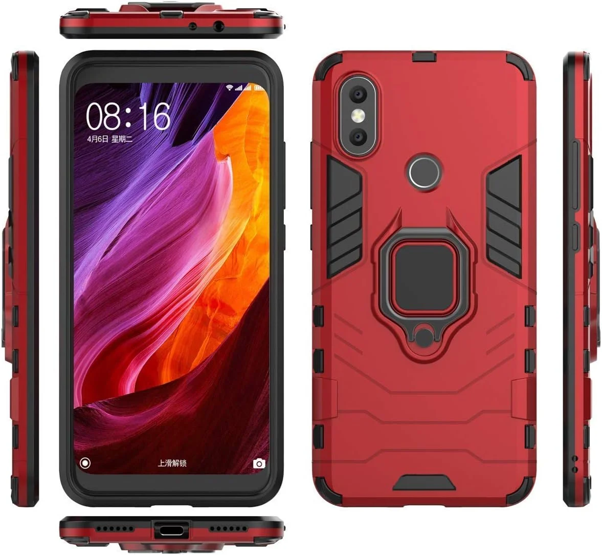 قاب محافظ گوشی موبایل شیائومی Mi A2 و Mi 6X، با حلقه فلزی، مقاوم در برابر ضربه، دارای سپر سخت (سازگار با هولدر مغناطیسی خودرو)، دو لایه، پوشش مقاوم - قرمز