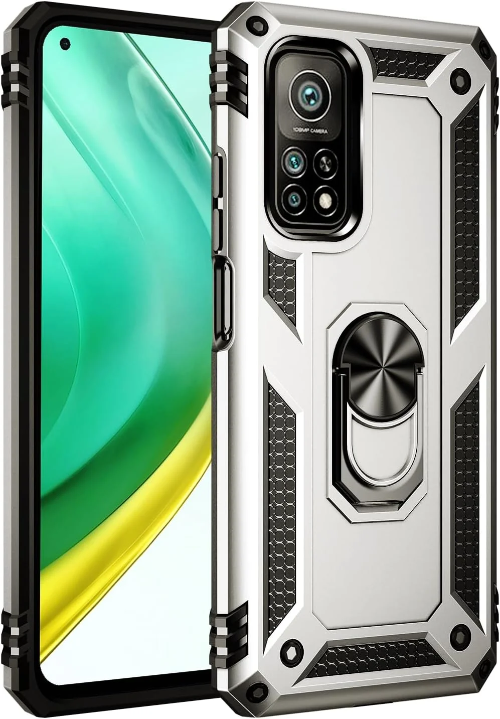 کاور محافظ شیائومی می 10T 5G / شیائومی می 10T Pro 5G با حلقه فلزی نگهدارنده، ضد ضربه، لبه سیلیکونی نرم، پشت PC سخت با صفحه فلزی برای هولدر مغناطیسی ماشین