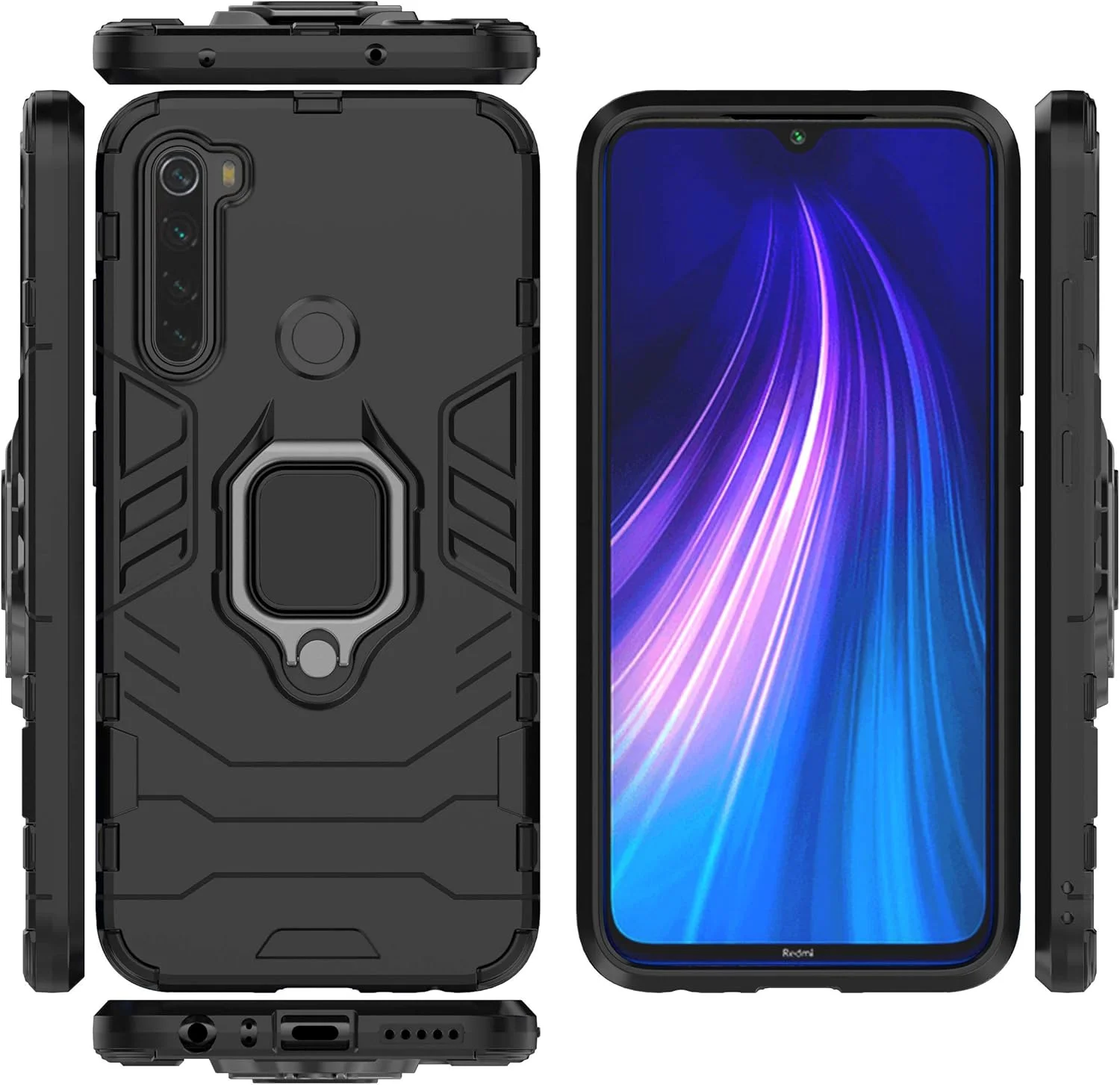 کاور محافظ گوشی شیائومی ردمی نوت 8 به همراه محافظ صفحه نمایش شیشه ای حرارت دیده، کاور زرهی ضد ضربه و مقاوم با پایه نگهدارنده، مشکی