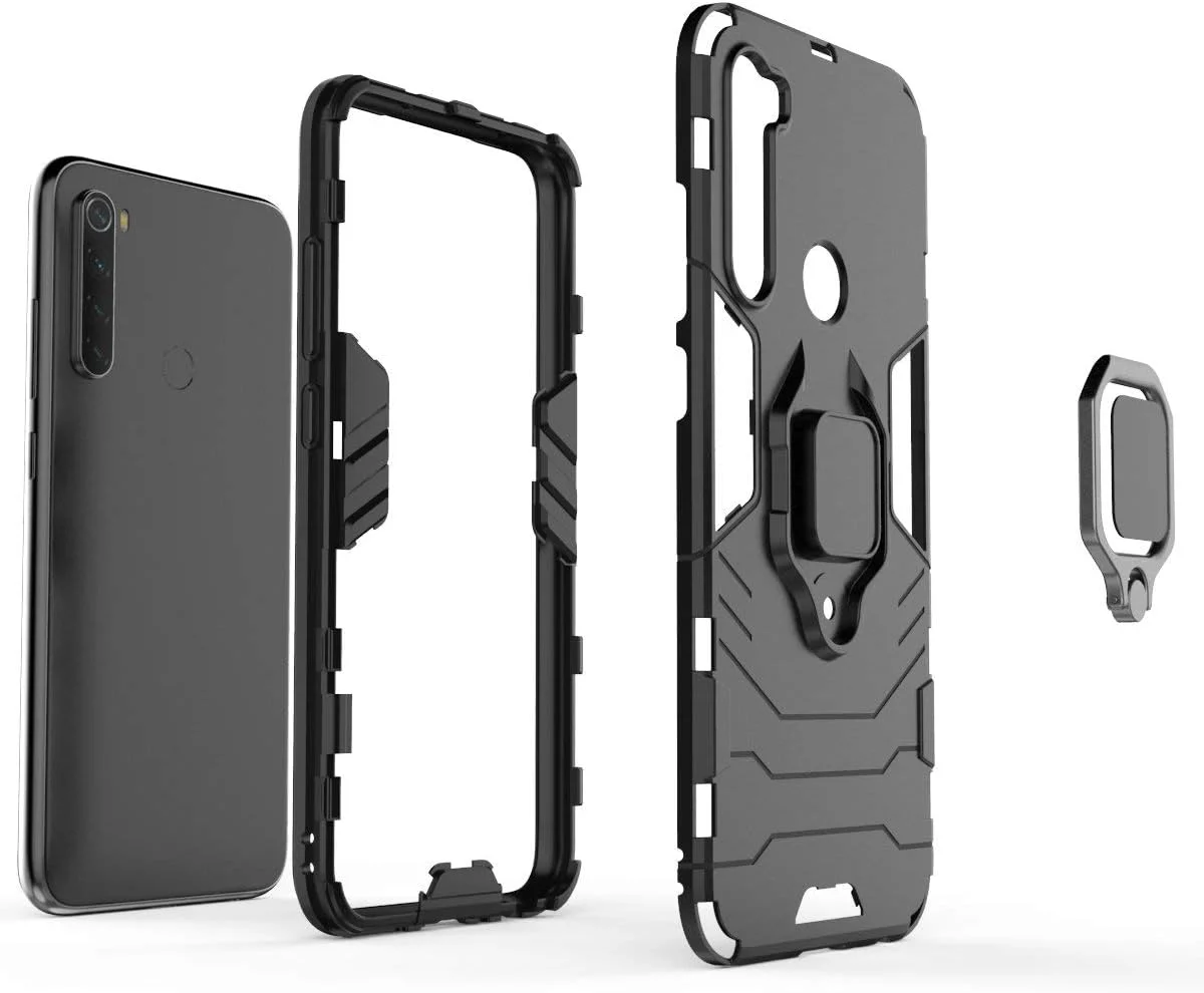 کاور محافظ گوشی شیائومی ردمی نوت 8 به همراه محافظ صفحه نمایش شیشه ای حرارت دیده، کاور زرهی ضد ضربه و مقاوم با پایه نگهدارنده، مشکی
