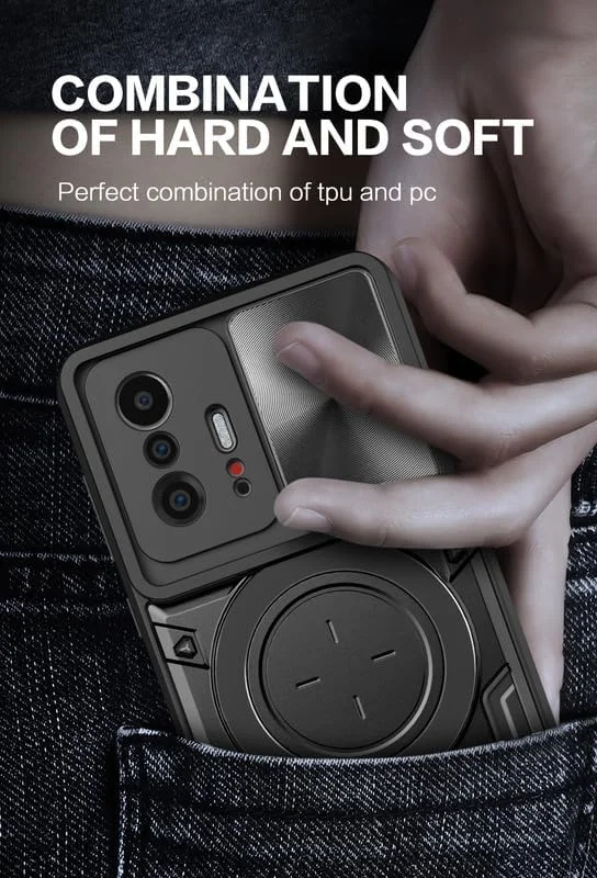 قاب محافظ گوشی شیائومی 11T/11T Pro، دارای پوشش کشویی لنز دوربین، پایه انگشتی فلزی، پشتیبانی از هولدر مغناطیسی، دولایه TPU و PC، مقاوم در برابر ضربه، نقره ای