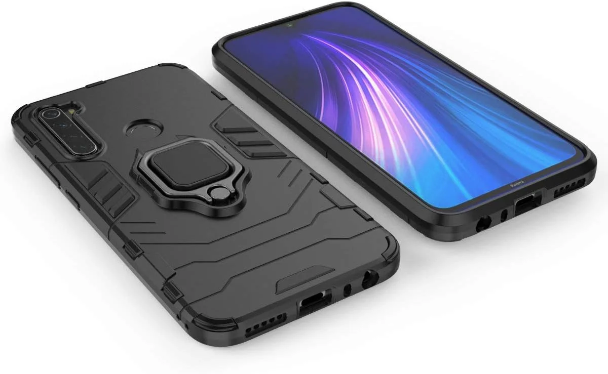 کاور محافظ گوشی شیائومی ردمی نوت 8 به همراه محافظ صفحه نمایش شیشه ای حرارت دیده، کاور زرهی ضد ضربه و مقاوم با پایه نگهدارنده، مشکی