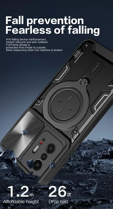 قاب محافظ گوشی شیائومی 11T/11T Pro، دارای پوشش کشویی لنز دوربین، پایه انگشتی فلزی، پشتیبانی از هولدر مغناطیسی، دولایه TPU و PC، مقاوم در برابر ضربه، نقره ای