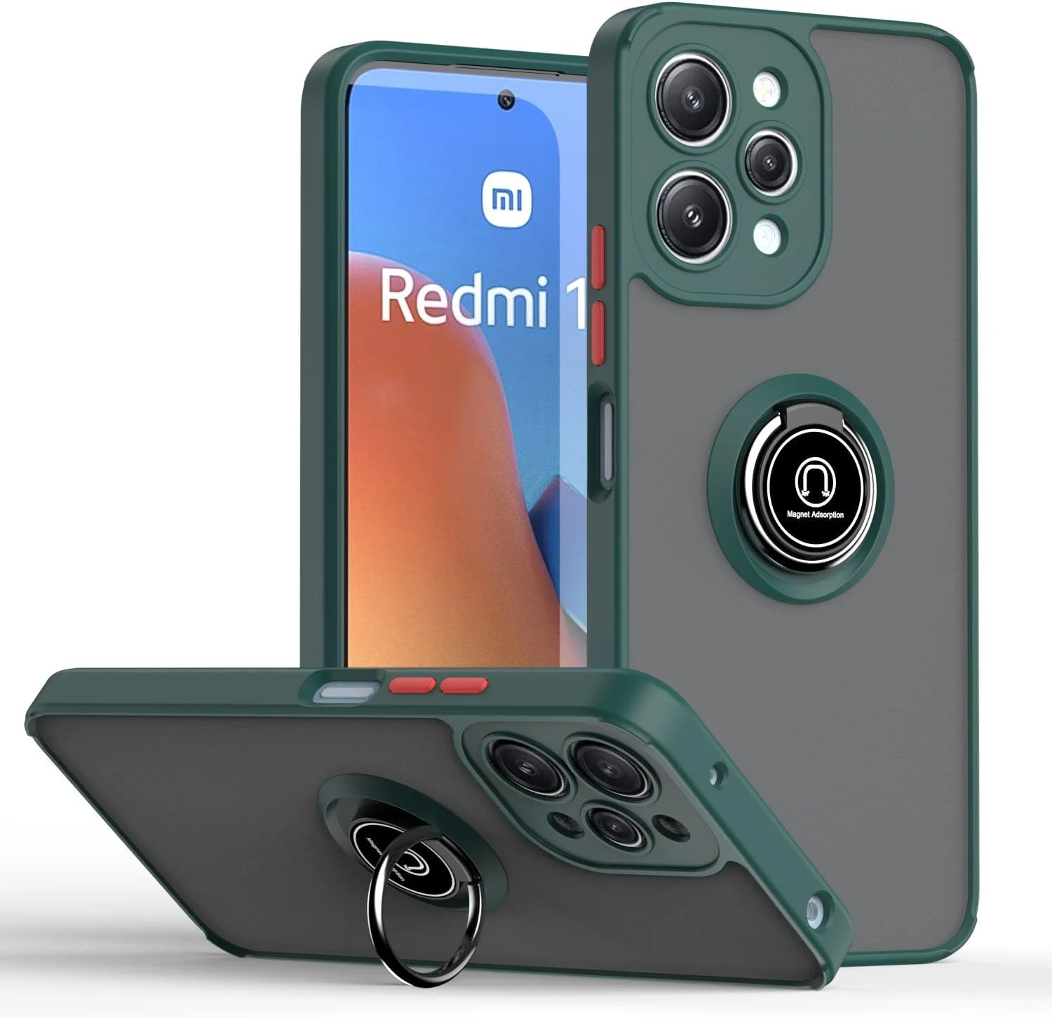 قاب محافظ طراحی شده برای شیائومی ردمی 12، محافظت از دوربین، نازک، نیمه شفاف، ضد ضربه، پوشش پشتی مات با حلقه مغناطیسی چرخان 360 درجه مناسب برای هولدر ماشین، برای ردمی 12 4G (سبز)
