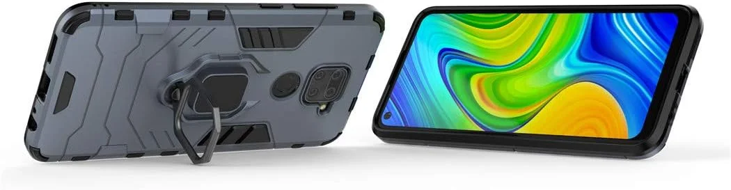 قاب محافظ دو لایه مقاوم MaiJin سازگار با گوشی شیائومی ردمی نوت 9 و ردمی 10X 4G، دارای حلقه فلزی و استند (سازگار با هولدر مغناطیسی خودرو) (آبی تیره)