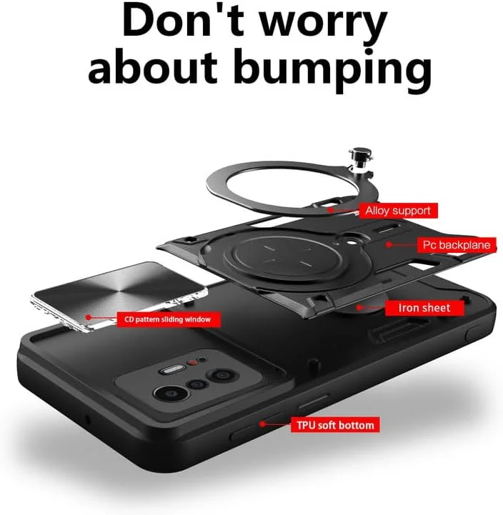 قاب محافظ گوشی شیائومی 11T/11T Pro، دارای پوشش کشویی لنز دوربین، پایه انگشتی فلزی، پشتیبانی از هولدر مغناطیسی، دولایه TPU و PC، مقاوم در برابر ضربه، نقره ای