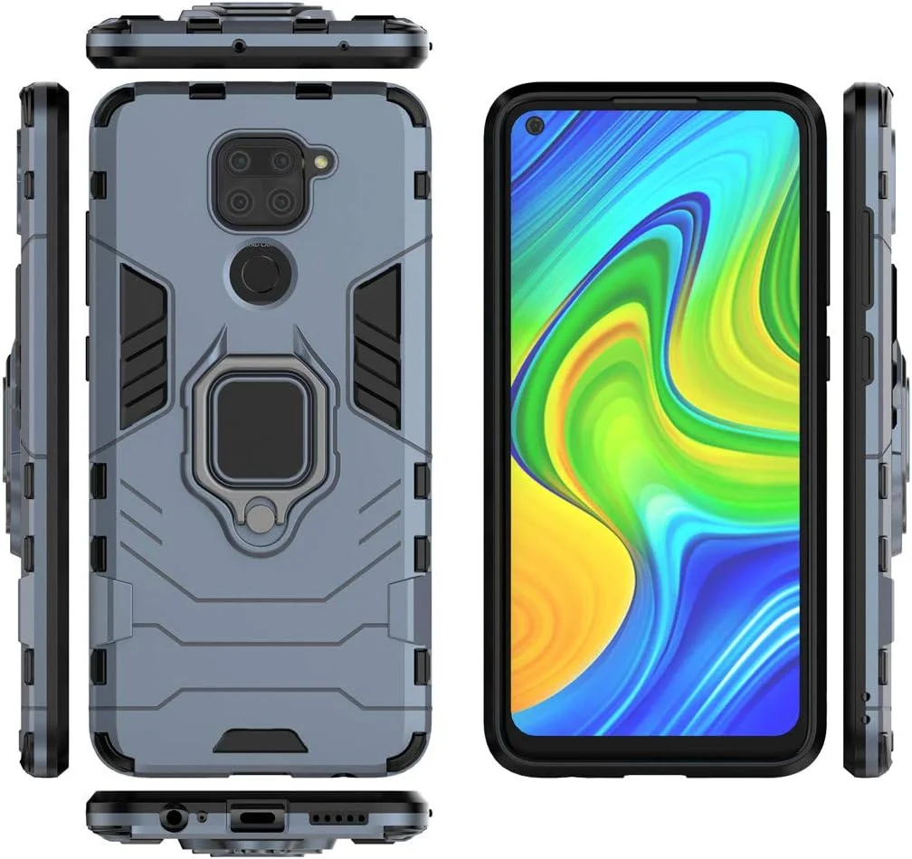 قاب محافظ دو لایه مقاوم MaiJin سازگار با گوشی شیائومی ردمی نوت 9 و ردمی 10X 4G، دارای حلقه فلزی و استند (سازگار با هولدر مغناطیسی خودرو) (آبی تیره)