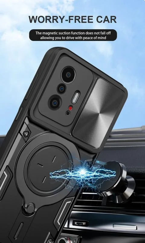 قاب محافظ گوشی شیائومی 11T/11T Pro، دارای پوشش کشویی لنز دوربین، پایه انگشتی فلزی، پشتیبانی از هولدر مغناطیسی، دولایه TPU و PC، مقاوم در برابر ضربه، نقره ای