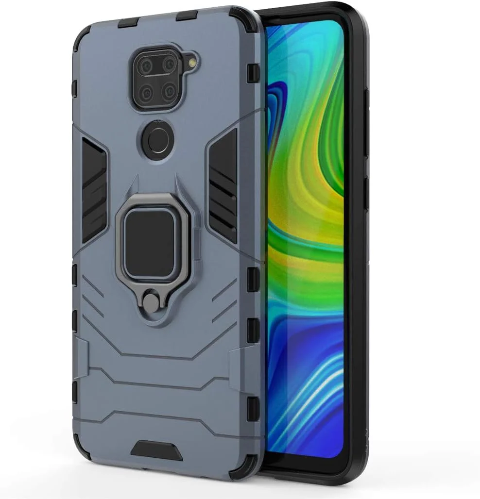 قاب محافظ دو لایه مقاوم MaiJin سازگار با گوشی شیائومی ردمی نوت 9 و ردمی 10X 4G، دارای حلقه فلزی و استند (سازگار با هولدر مغناطیسی خودرو) (آبی تیره)