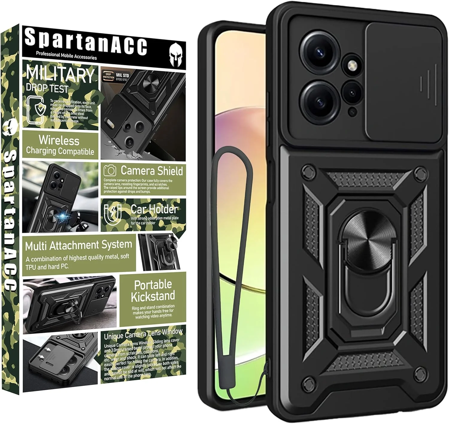 قاب محافظ شیائومی ردمی نوت 12 4G با استند فلزی چرخان 360 درجه، ضد ضربه نظامی، محافظ صفحه نمایش شیشه ای و قابلیت اتصال مغناطیسی به هولدر خودرو (مشکی، نوت 12 4G)