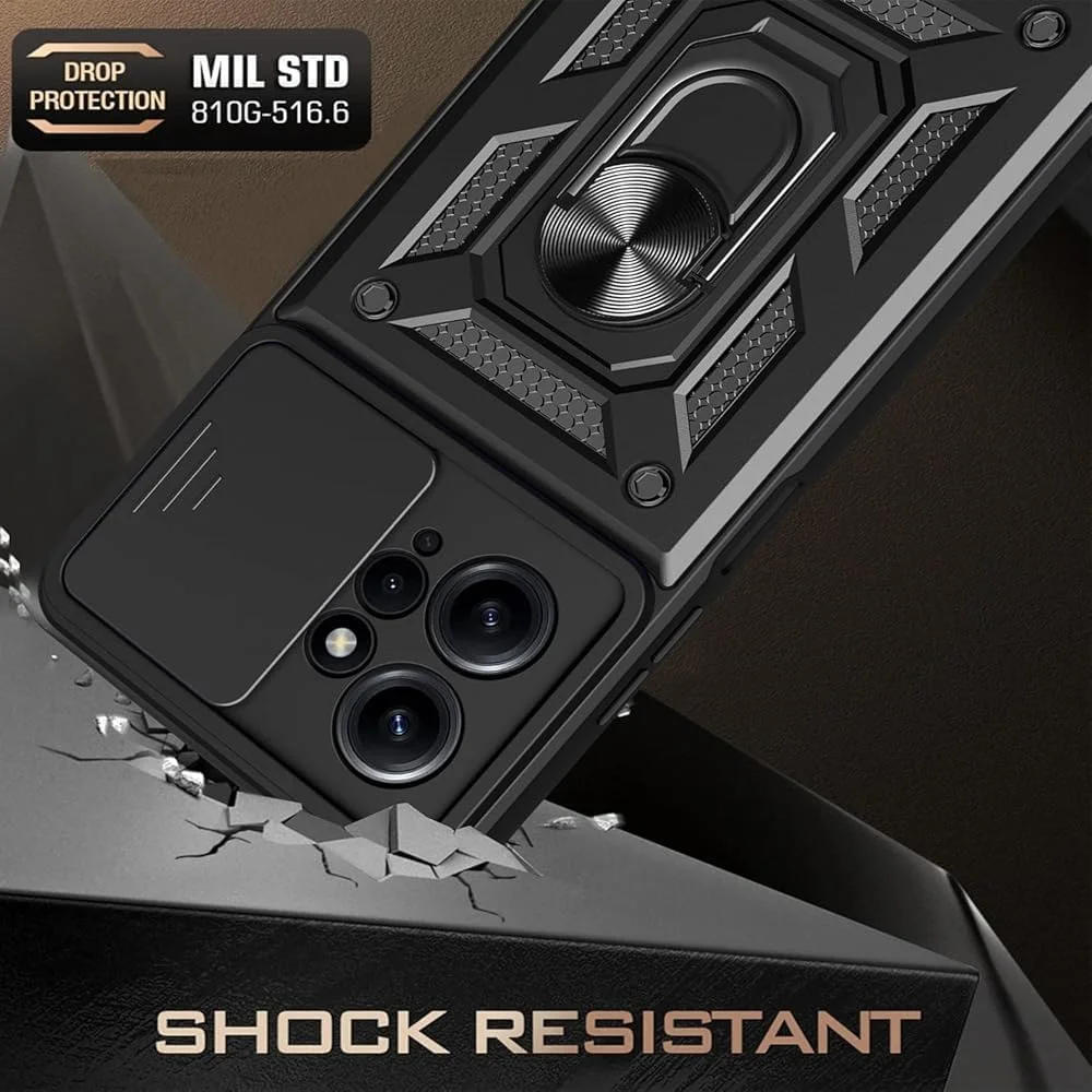 قاب محافظ شیائومی ردمی نوت 12 4G با استند فلزی چرخان 360 درجه، ضد ضربه نظامی، محافظ صفحه نمایش شیشه ای و قابلیت اتصال مغناطیسی به هولدر خودرو (مشکی، نوت 12 4G) قاب محافظ شیائومی ردمی نوت 12 4G با استند فلزی چرخان 360 درجه، ضد ضربه نظامی، محافظ صفحه نمایش شیشه ای و قابلیت اتصال مغناطیسی به هولدر خودرو (مشکی، نوت 12 4G)