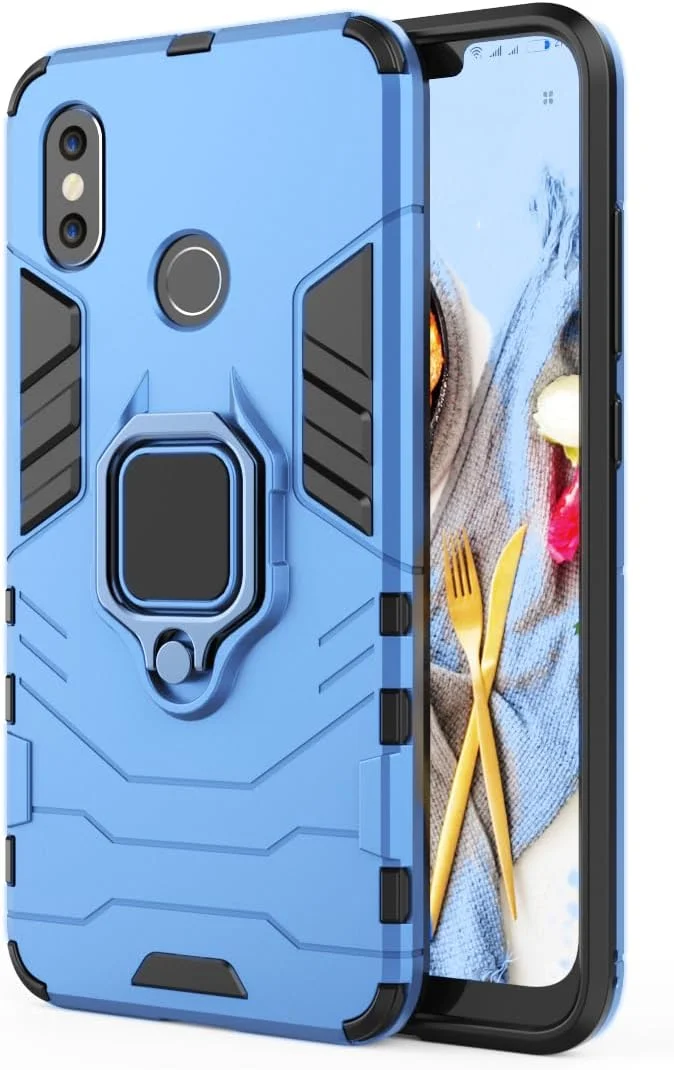 کاور سیلیکونی محافظ گوشی شیائومی می 8 با استند انگشتی چرخان 360 درجه، باریک، مقاوم در برابر اثر انگشت، ضد ضربه و دارای صفحه فلزی برای هولدر مغناطیسی خودرو - آبی