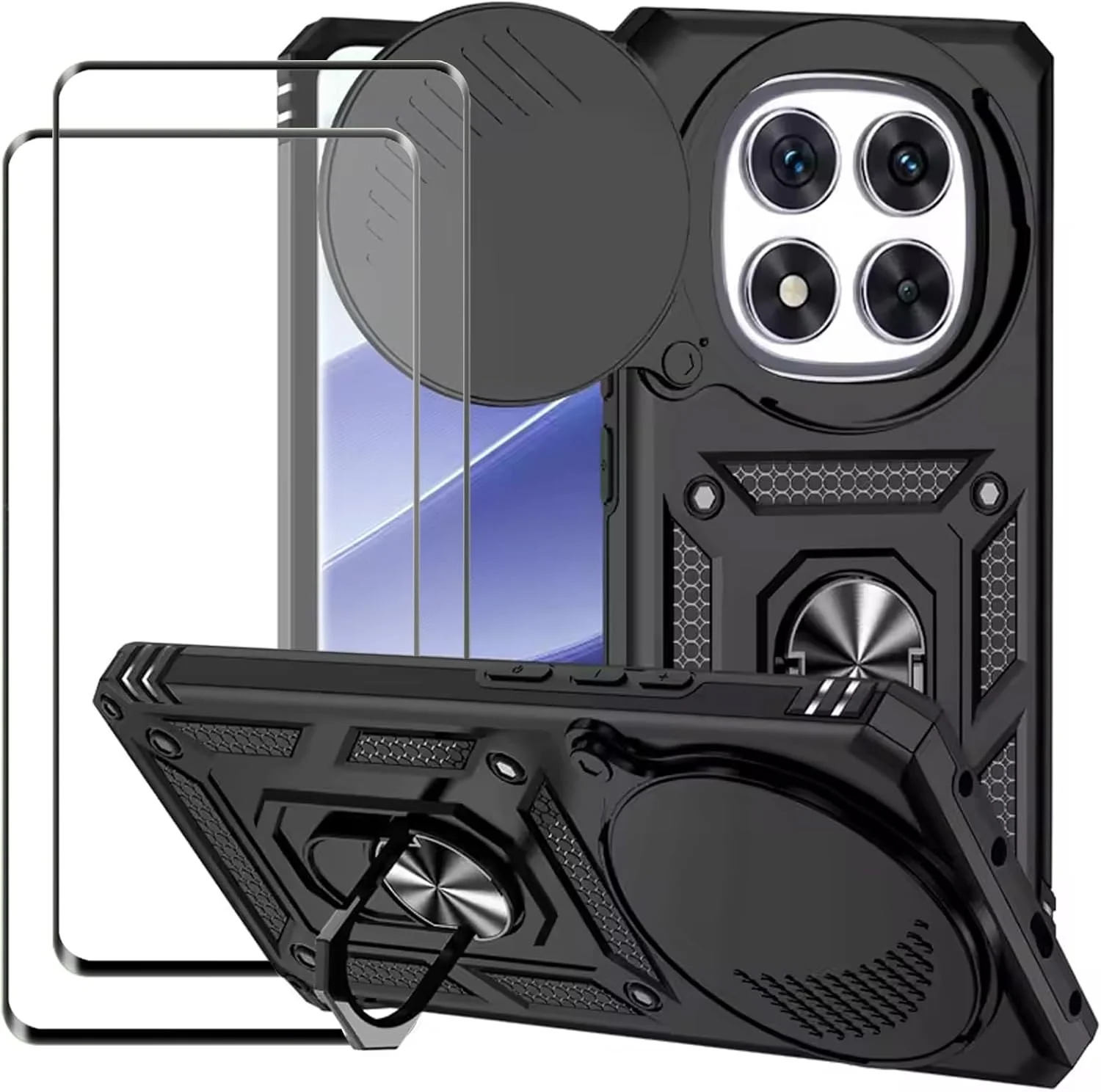 کاور محافظ گوشی شیائومی پوکو X7 5G به همراه محافظ صفحه نمایش شیشه ای، دارای استند انگشتی و پوشش کشویی دوربین، مقاوم در برابر سقوط، محافظت سنگین [1+2 تکه]