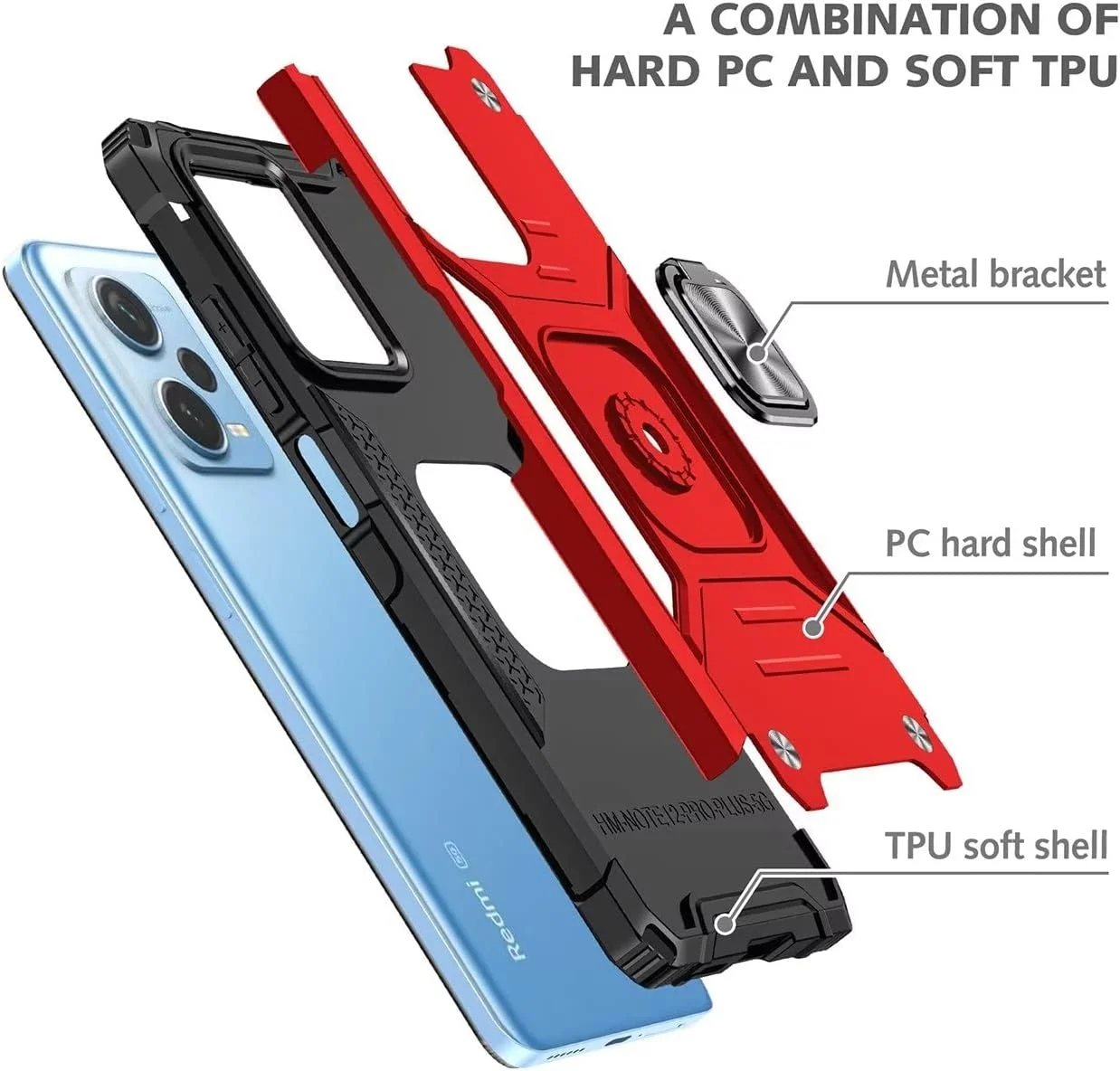 کاور KANSi برای گوشی شیائومی Poco X4 GT 5G، محافظ صفحه شیشه ای حرارت دیده [2 عدد] + کاور سیلیکونی TPU با قابلیت چرخش 360 درجه و استند حلقه ای آهنربایی با محافظت دوگانه - قرمز