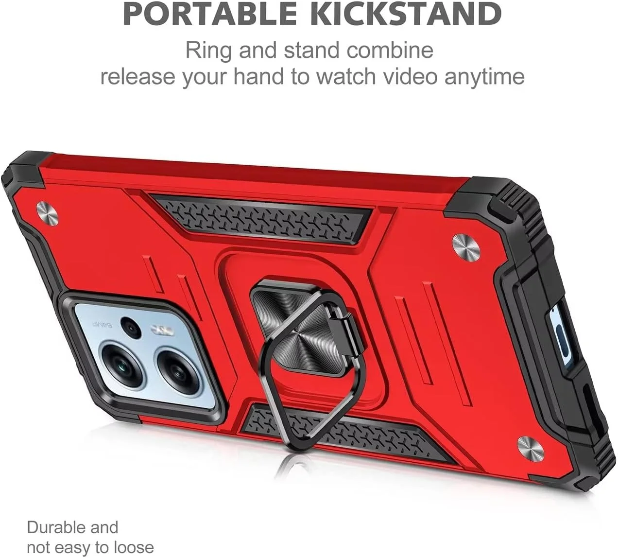 کاور KANSi برای گوشی شیائومی Poco X4 GT 5G، محافظ صفحه شیشه ای حرارت دیده [2 عدد] + کاور سیلیکونی TPU با قابلیت چرخش 360 درجه و استند حلقه ای آهنربایی با محافظت دوگانه - قرمز