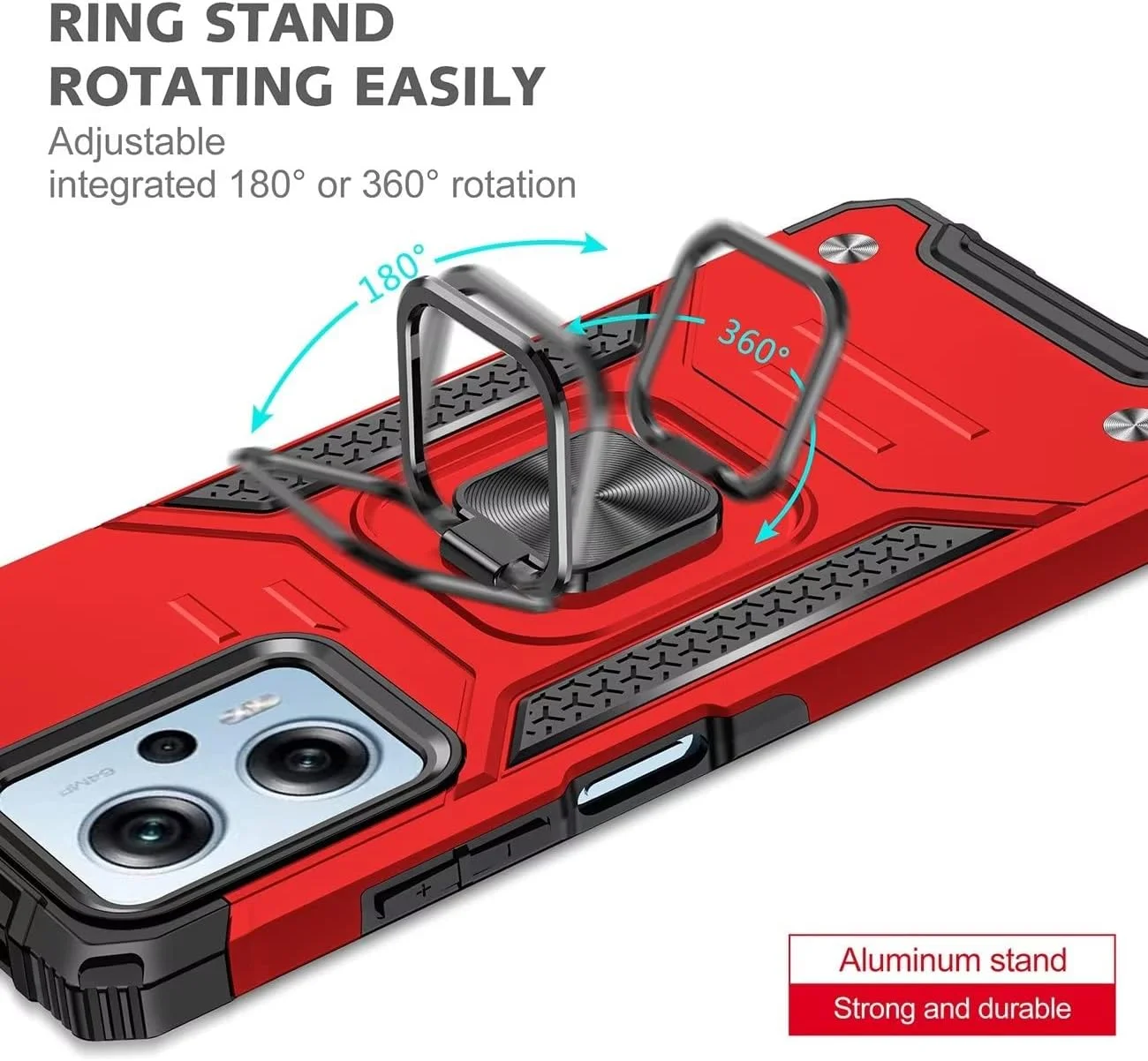 کاور KANSi برای گوشی شیائومی Poco X4 GT 5G، محافظ صفحه شیشه ای حرارت دیده [2 عدد] + کاور سیلیکونی TPU با قابلیت چرخش 360 درجه و استند حلقه ای آهنربایی با محافظت دوگانه - قرمز