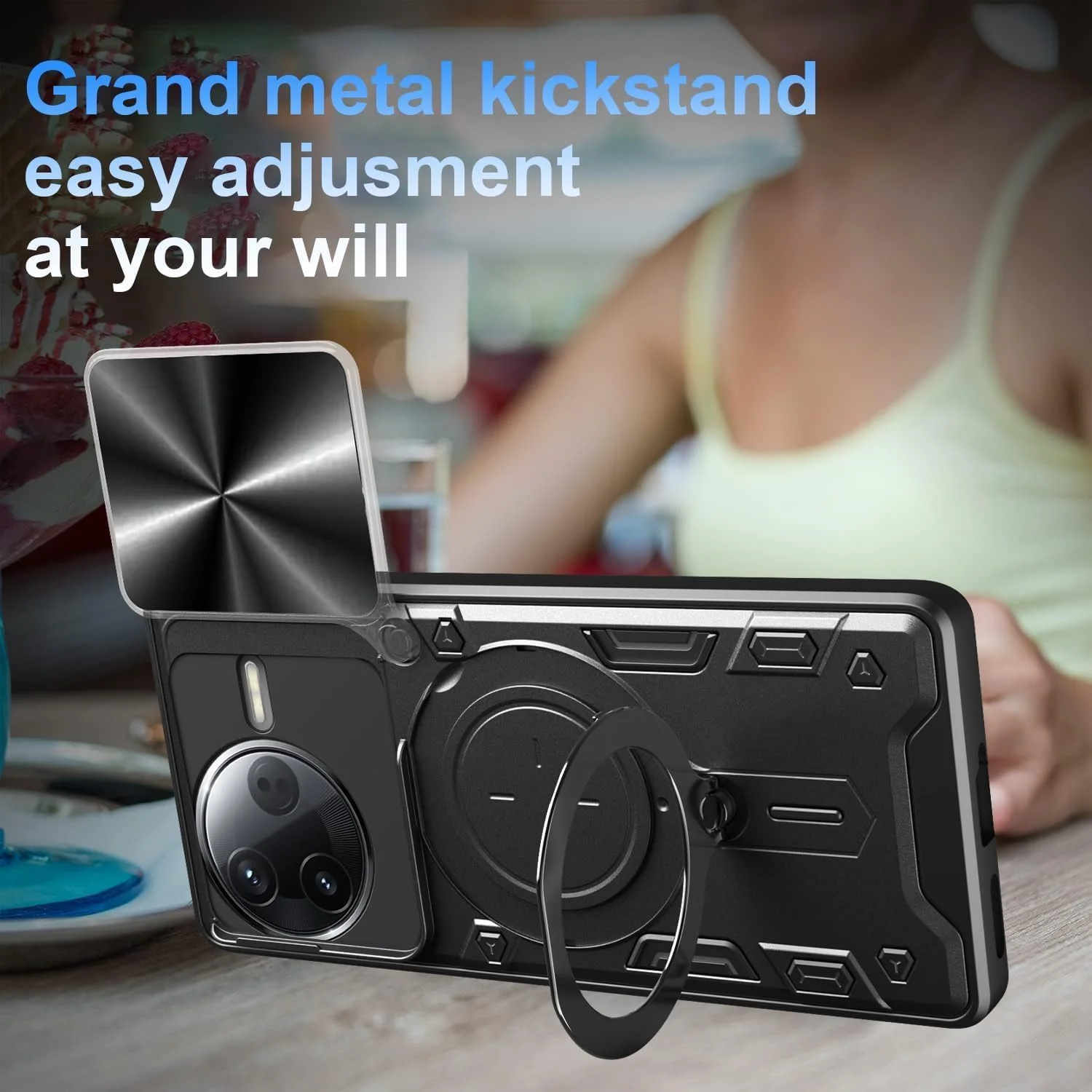 قاب گوشی شیائومی پوکو F7 پرو با بند سیلیکونی، محافظت در برابر سقوط نظامی، ضد ضربه، پایه مغناطیسی، پوشش MagRing (آبی، F7Pro بدون گلس)