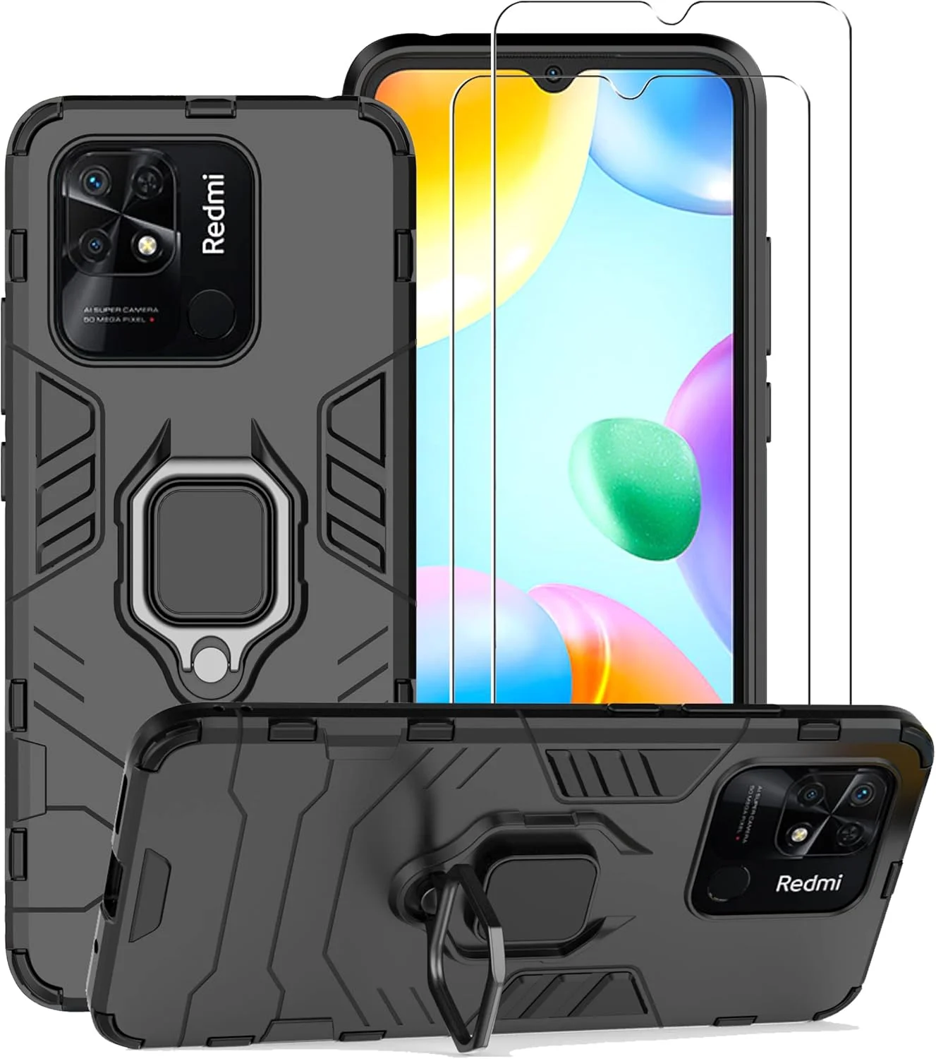 کاور محافظ گوشی ZMONE برای ردمی 10 پاور / شیائومی POCO C40 به همراه محافظ صفحه نمایش شیشه ای [2 عدد]، کاور محافظ دو لایه مقاوم در برابر ضربه با پایه حلقه مغناطیسی - مشکی