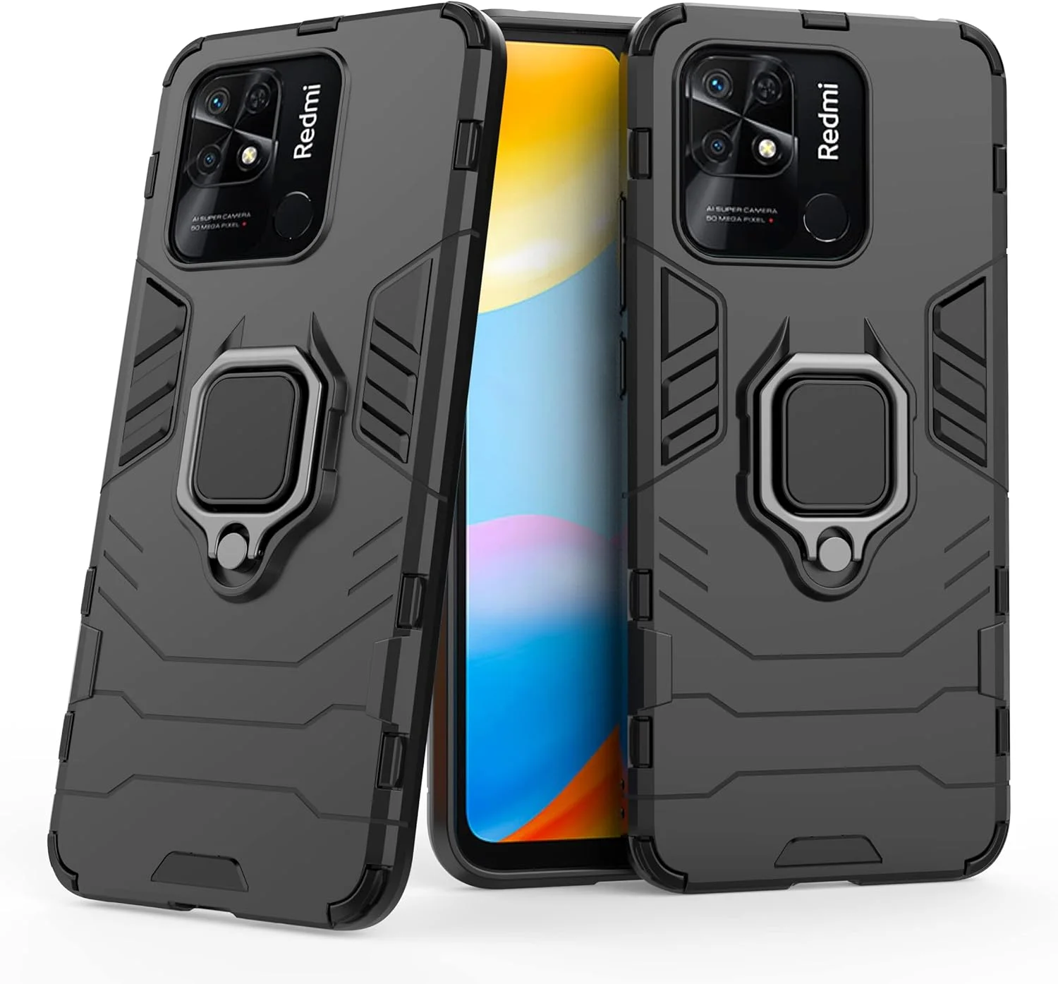 کاور محافظ گوشی ZMONE برای ردمی 10 پاور / شیائومی POCO C40 به همراه محافظ صفحه نمایش شیشه ای [2 عدد]، کاور محافظ دو لایه مقاوم در برابر ضربه با پایه حلقه مغناطیسی - مشکی