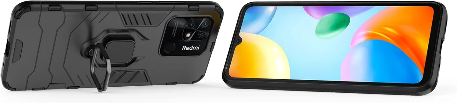 کاور محافظ گوشی ZMONE برای ردمی 10 پاور / شیائومی POCO C40 به همراه محافظ صفحه نمایش شیشه ای [2 عدد]، کاور محافظ دو لایه مقاوم در برابر ضربه با پایه حلقه مغناطیسی - مشکی