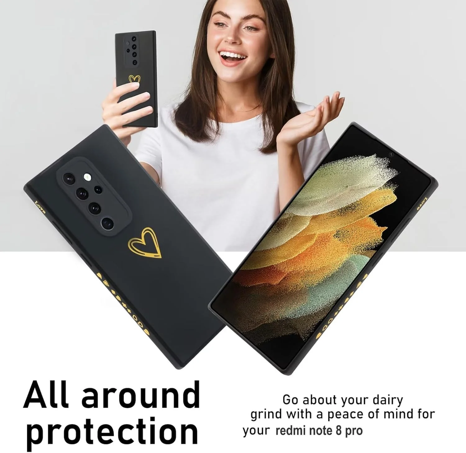 قاب محافظ گوشی ESONG مناسب برای شیائومی Redmi Note 8 Pro، فوق العاده نازک، ضد ضربه، ساخته شده از TPU نرم و سیلیکون با طرح قلب طلایی زیبا / محافظت از دوربین، قاب زیبا برای خانم ها / دختران - مشکی قاب محافظ گوشی ESONG مناسب برای شیائومی Redmi Note 8 Pro، فوق العاده نازک، ضد ضربه، ساخته شده از TPU نرم و سیلیکون با طرح قلب طلایی زیبا / محافظت از دوربین، قاب زیبا برای خانم ها / دختران - مشکی