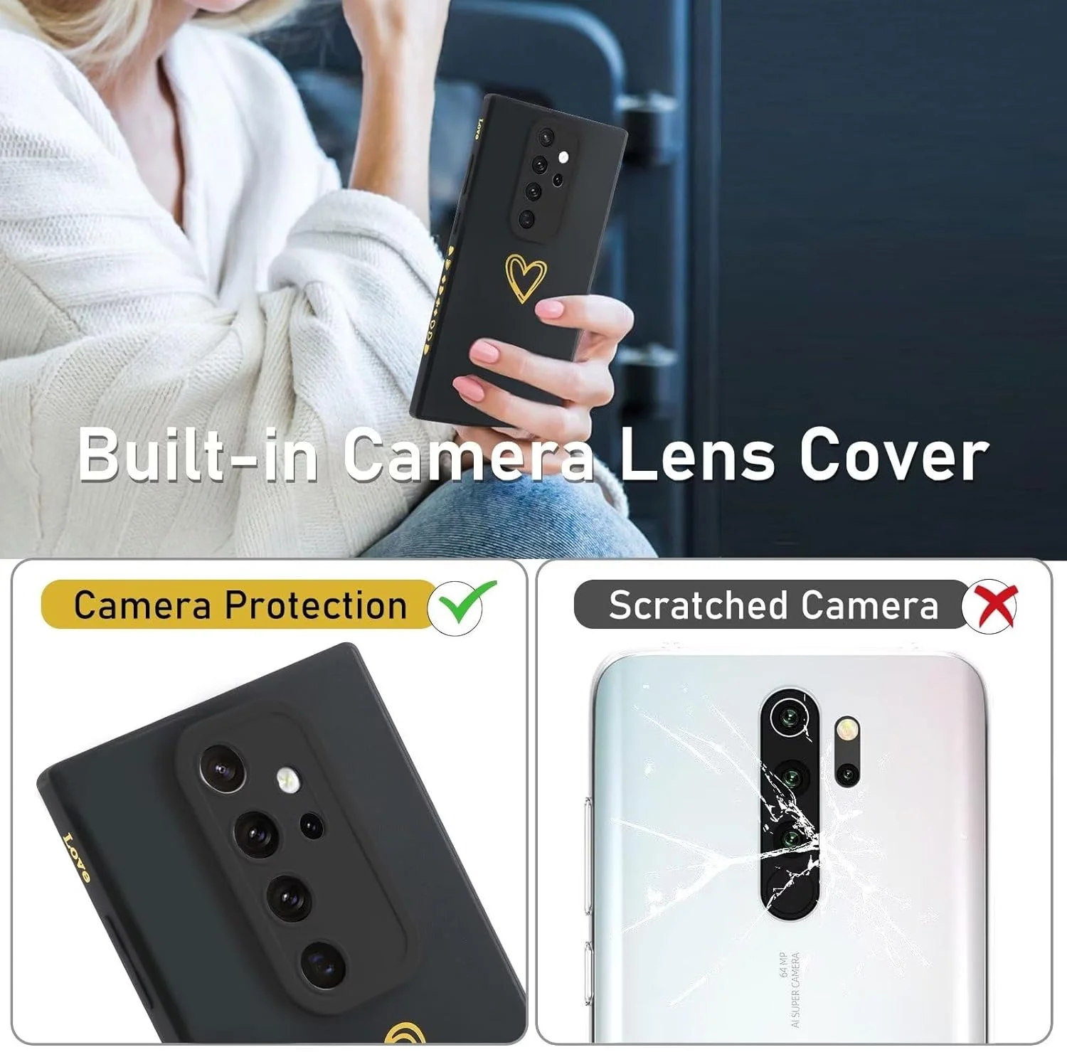قاب محافظ گوشی ESONG مناسب برای شیائومی Redmi Note 8 Pro، فوق العاده نازک، ضد ضربه، ساخته شده از TPU نرم و سیلیکون با طرح قلب طلایی زیبا / محافظت از دوربین، قاب زیبا برای خانم ها / دختران - مشکی قاب محافظ گوشی ESONG مناسب برای شیائومی Redmi Note 8 Pro، فوق العاده نازک، ضد ضربه، ساخته شده از TPU نرم و سیلیکون با طرح قلب طلایی زیبا / محافظت از دوربین، قاب زیبا برای خانم ها / دختران - مشکی