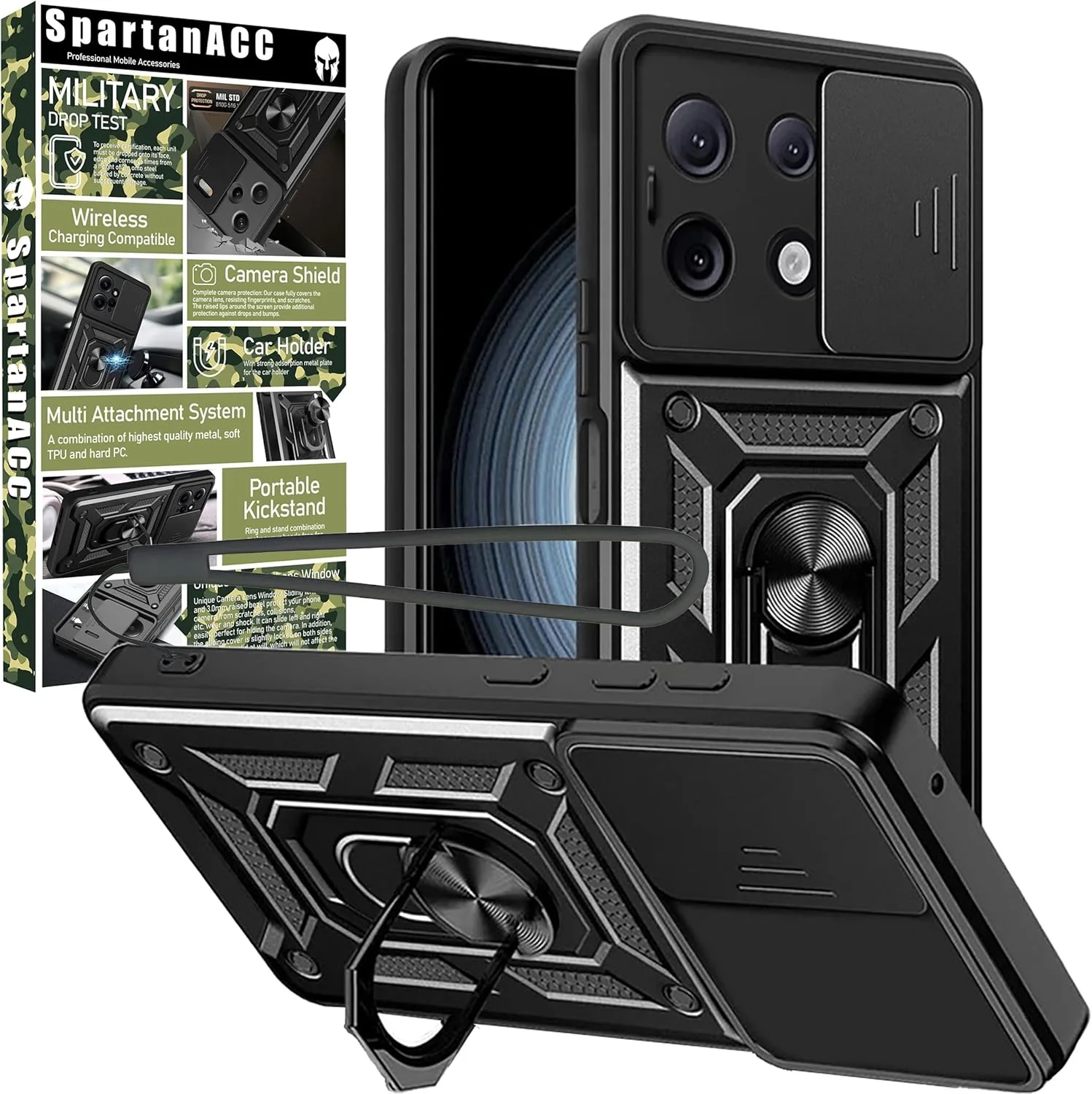 قاب محافظ شیائومی ردمی نوت 13 پرو 5G / پوکو X6 5G با پایه چرخان 360 درجه، ضد ضربه نظامی، محافظ صفحه نمایش شیشه ای و قابلیت اتصال مغناطیسی به هولدر ماشین (مشکی، Note13Pro5G)