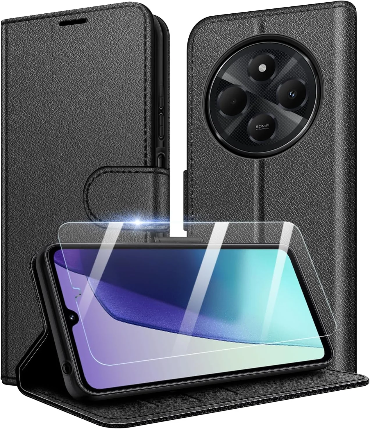 کاور گوشی شیائومی ردمی 14C مدل New&Teck، [کاور تاشو با قفل مغناطیسی]، [کیف پول چرمی] [چند منظوره] + 1 عدد [محافظ صفحه شیشه ای حرارت دیده] (مشکی)