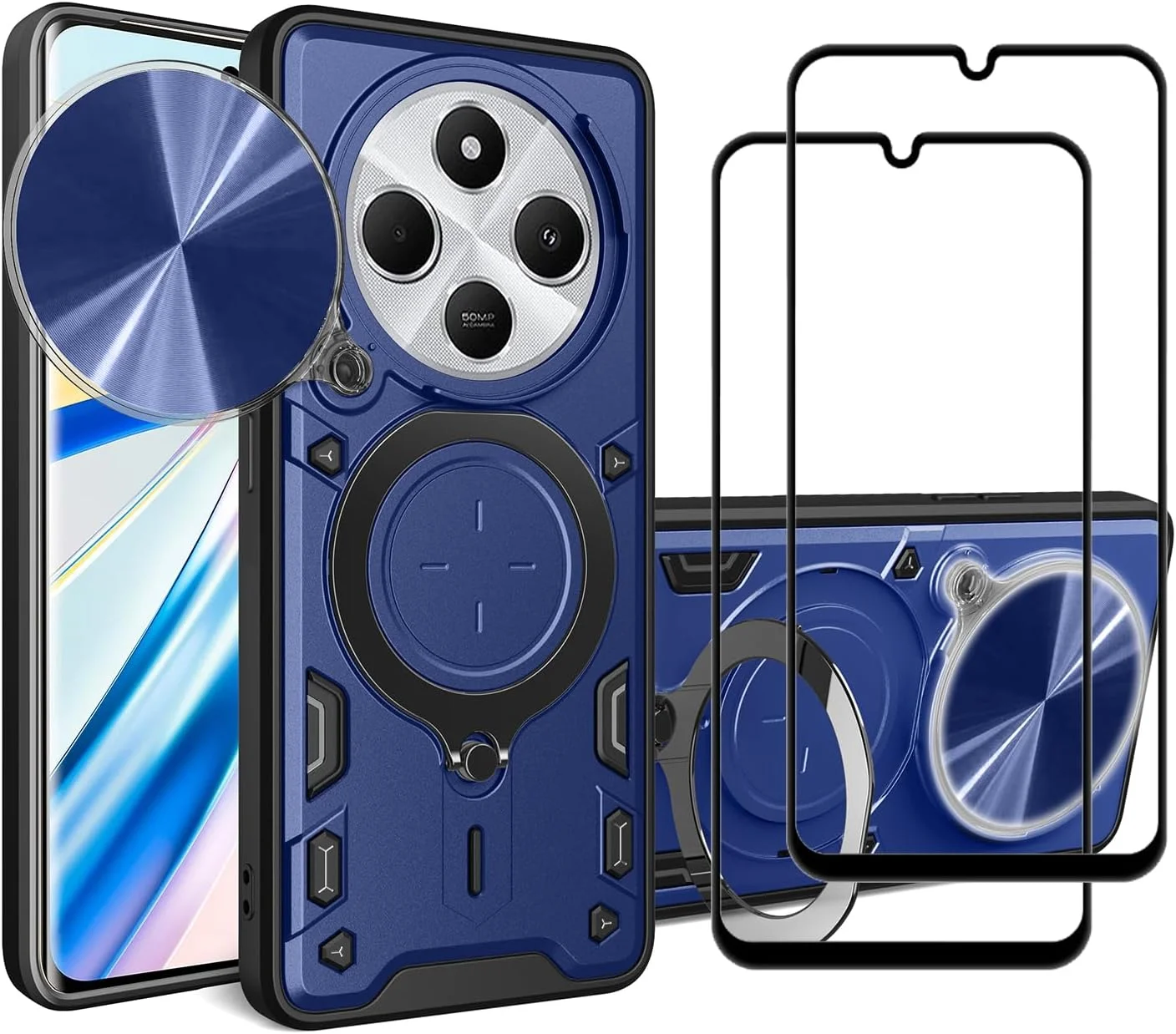 قاب محافظ گوشی شیائومی ردمی 14C 4G / پوکو C75 4G با پوشش کشویی دوربین، استند انگشتی و محافظ صفحه نمایش شیشه ای حرارت دیده [2 عدد]، قاب محافظ ضد ضربه با درجه نظامی، آبی