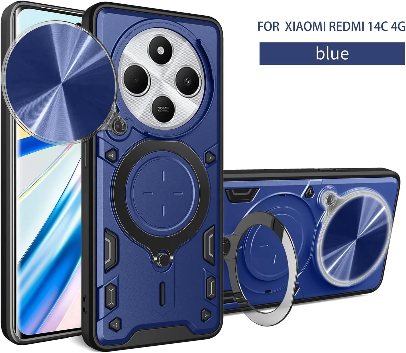 قاب محافظ گوشی شیائومی ردمی 14C 4G / پوکو C75 4G با پوشش کشویی دوربین، استند انگشتی و محافظ صفحه نمایش شیشه ای حرارت دیده [2 عدد]، قاب محافظ ضد ضربه با درجه نظامی، آبی