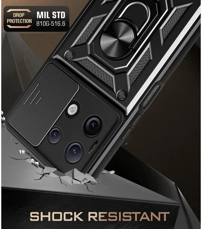 قاب محافظ شیائومی ردمی نوت 13 پرو 5G / پوکو X6 5G با پایه چرخان 360 درجه، ضد ضربه نظامی، محافظ صفحه نمایش شیشه ای و قابلیت اتصال مغناطیسی به هولدر ماشین (مشکی، Note13Pro5G)