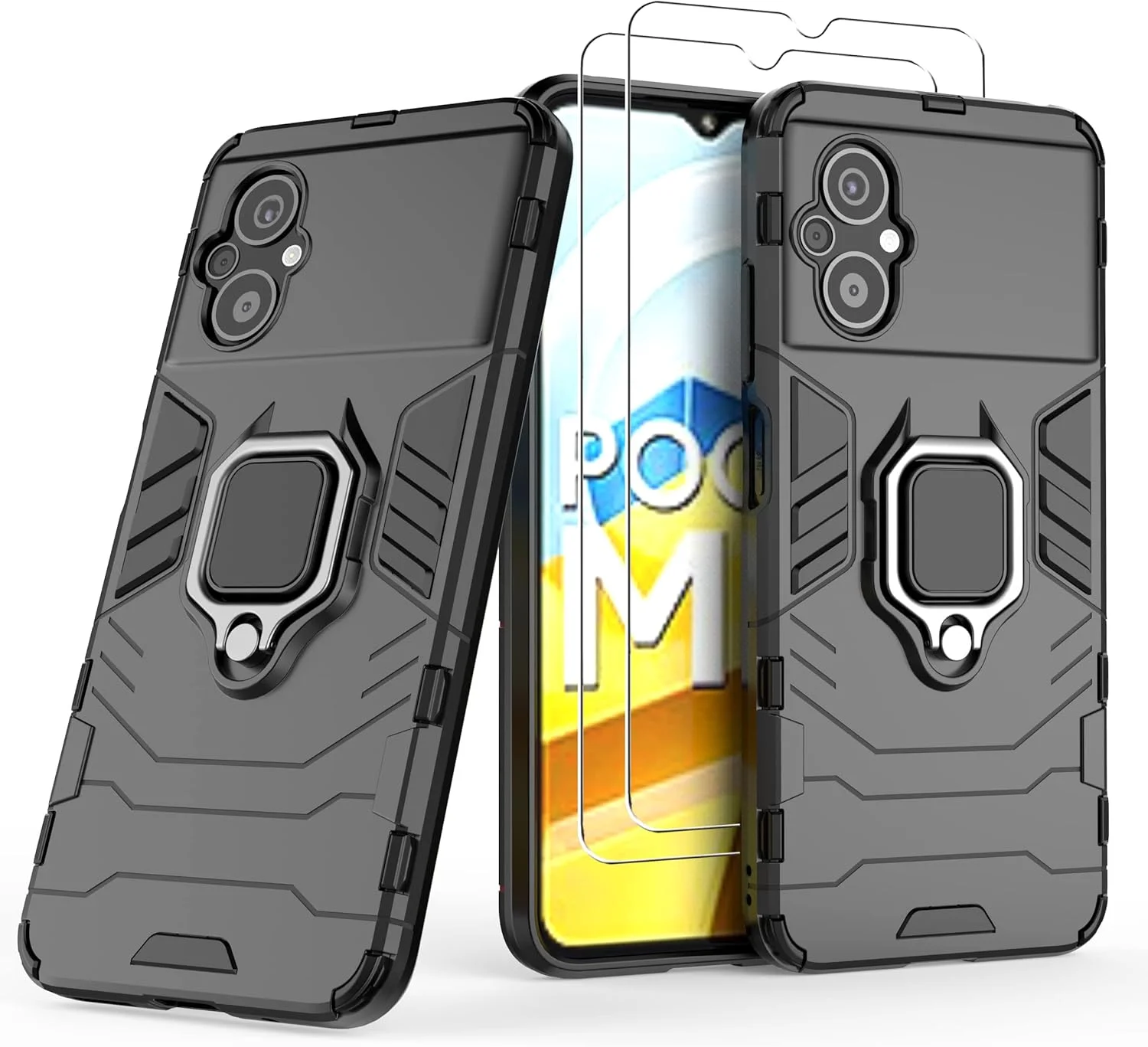 کاور محافظ گوشی شیائومی پوکو M5 4G / پوکو M5 LTE به همراه محافظ صفحه نمایش شیشه ای [2 عدد]، کاور محافظ دو لایه مقاوم در برابر ضربه با پایه حلقه ای مغناطیسی - مشکی