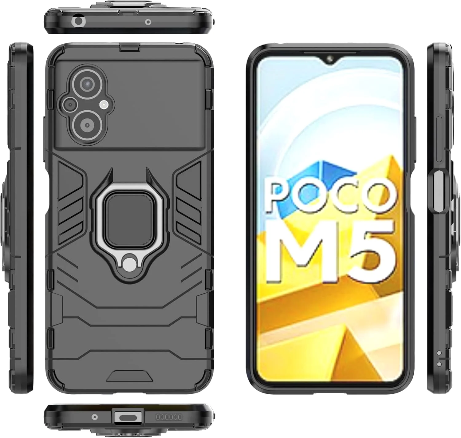 کاور محافظ گوشی شیائومی پوکو M5 4G / پوکو M5 LTE به همراه محافظ صفحه نمایش شیشه ای [2 عدد]، کاور محافظ دو لایه مقاوم در برابر ضربه با پایه حلقه ای مغناطیسی - مشکی