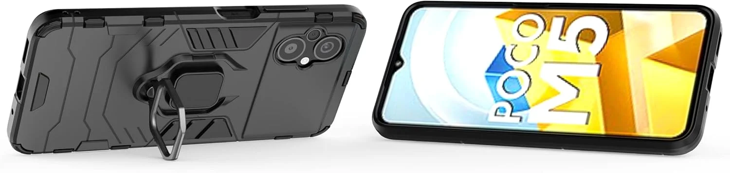 کاور محافظ گوشی شیائومی پوکو M5 4G / پوکو M5 LTE به همراه محافظ صفحه نمایش شیشه ای [2 عدد]، کاور محافظ دو لایه مقاوم در برابر ضربه با پایه حلقه ای مغناطیسی - مشکی