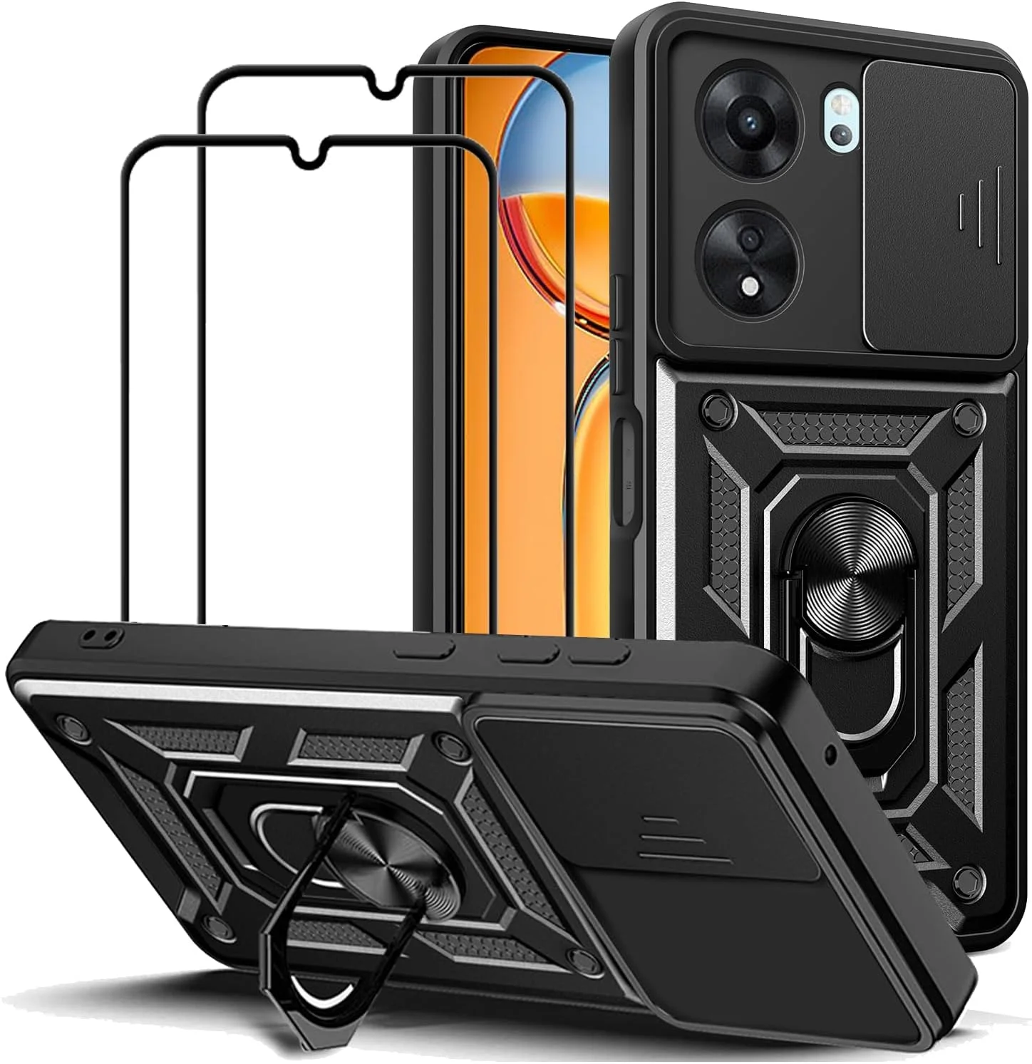 قاب محافظ EasyLifeGo برای گوشی ردمی 13C / شیائومی پوکو C65 با پوشش کشویی دوربین، حلقه استند و محافظ صفحه نمایش شیشه ای حرارت دیده [2 عدد]، قاب محافظ ضد ضربه درجه نظامی، مشکی