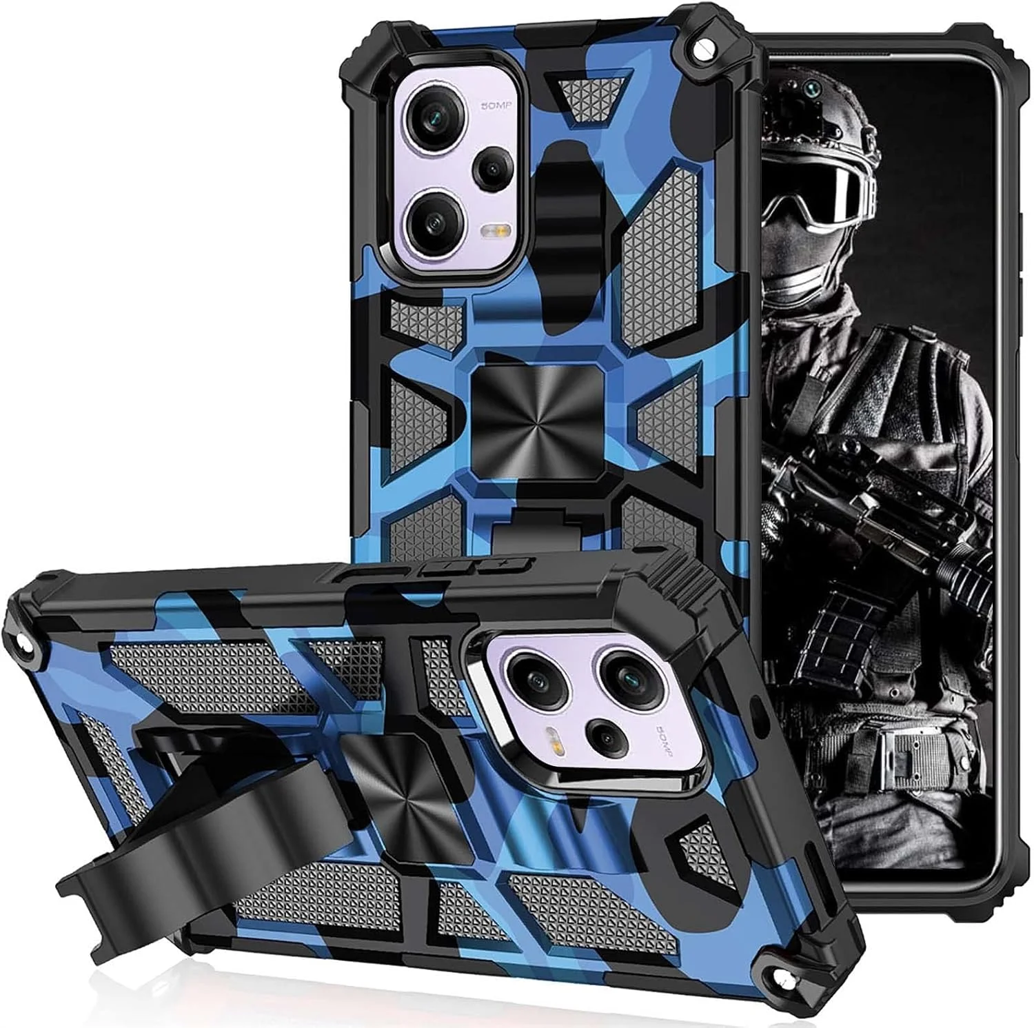 کاور محافظ طرح چریکی مقاوم KASTWAVE برای گوشی شیائومی Redmi Note 12 Pro 5G و پوکو X5 Pro با محافظت ضد ضربه و پایه نگهدارنده - آبی