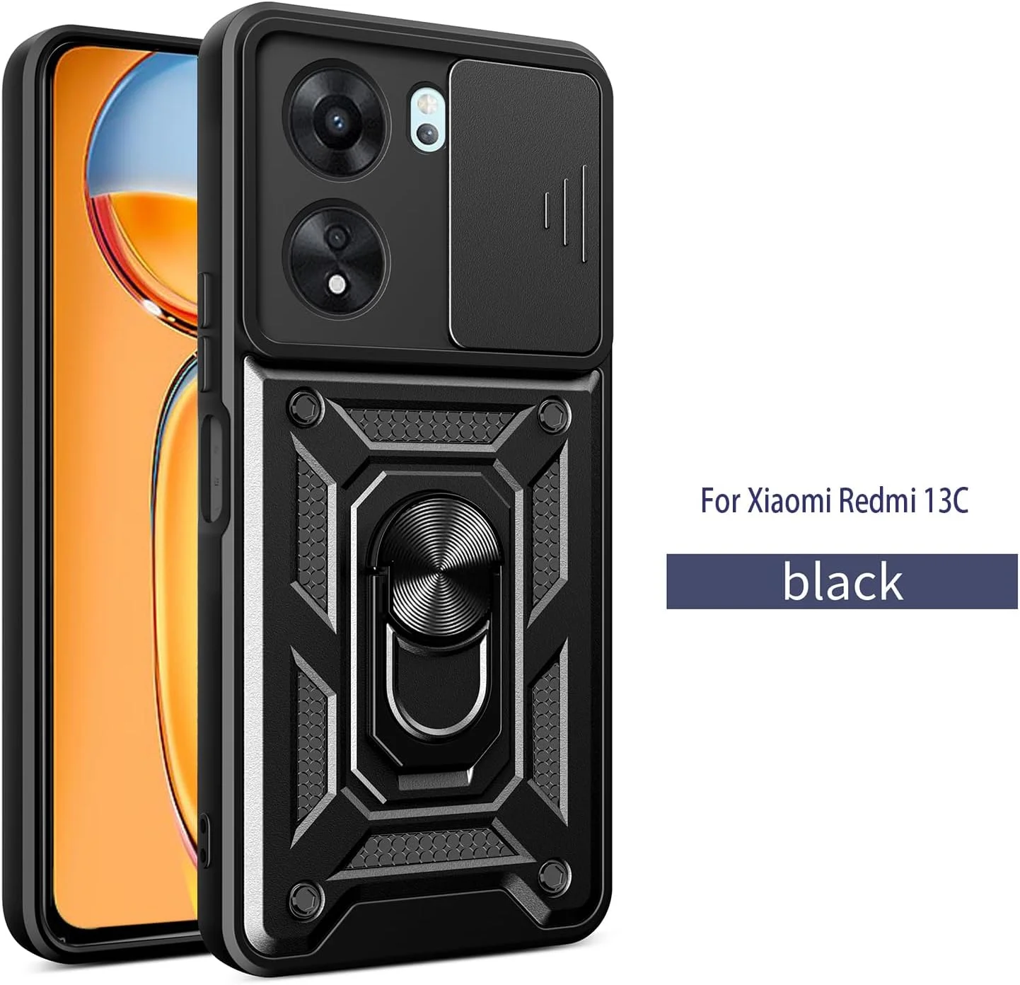 قاب محافظ EasyLifeGo برای گوشی ردمی 13C / شیائومی پوکو C65 با پوشش کشویی دوربین، حلقه استند و محافظ صفحه نمایش شیشه ای حرارت دیده [2 عدد]، قاب محافظ ضد ضربه درجه نظامی، مشکی