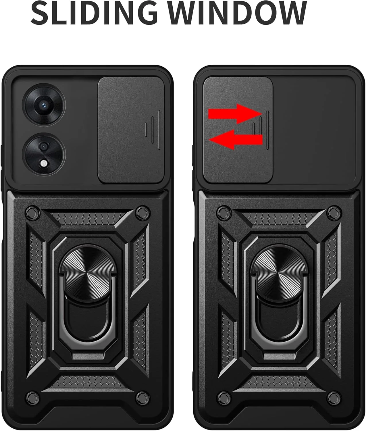 قاب محافظ EasyLifeGo برای گوشی ردمی 13C / شیائومی پوکو C65 با پوشش کشویی دوربین، حلقه استند و محافظ صفحه نمایش شیشه ای حرارت دیده [2 عدد]، قاب محافظ ضد ضربه درجه نظامی، مشکی